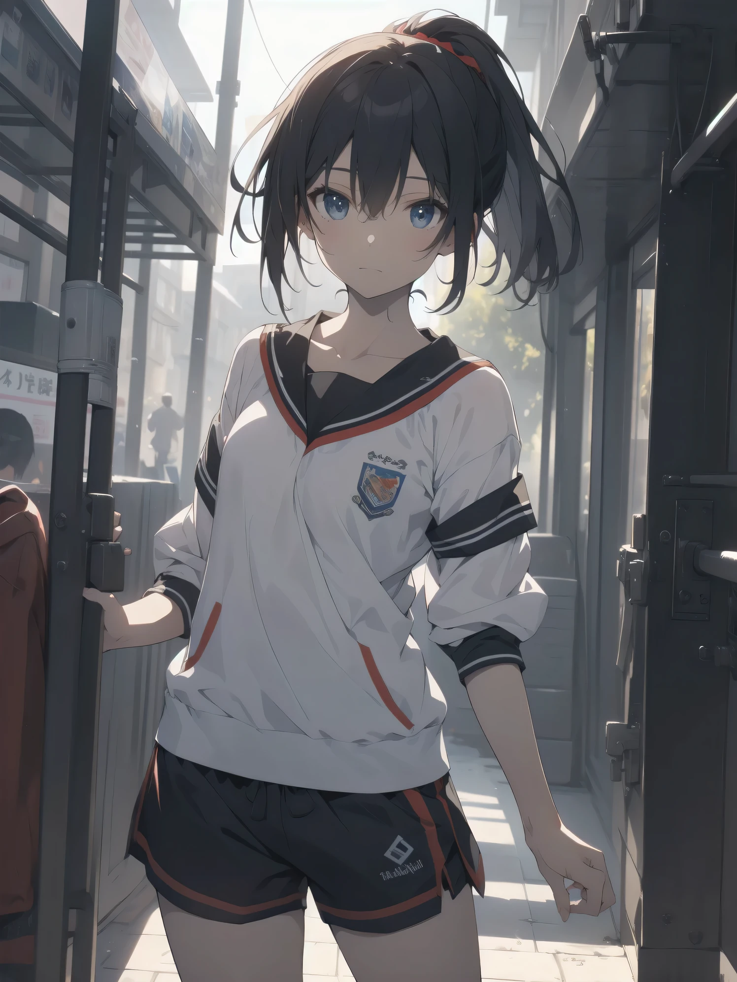 ultra-absurdres-Top quality by artist God, ultra-detailed, high resolution, anime moe artstyle, best anime 8k konachan wallpaper, pixiv contest winner,pool:2810, perfect anatomy,break, 1girl, (Please draw a girl walking to home alone. )break,(Solo,little female, 13-year-old:1.3),Full limbs, complete fingers, (very short hair), ponytail, flat chest, groin, small butt, thighs, small black eyes, beautiful detailed eyes, well-proportioned iris and pupils, expressive eyes, highres detailed hair, soft expression, school_gym uniform, official_alternate_costume,gym short shorts,(Detailed Lighting), (Detailed background),solo_focus, in the School commute route. break,super detailed skin, Best cinematic lighting powered by famous artist, 8k,beauty illustration,photoshop_(medium),very aesthetic,break,((artist:futa_(nabezoko) )), artist:bolze ,artist:oyari_ashito ,artist:kantoku ,