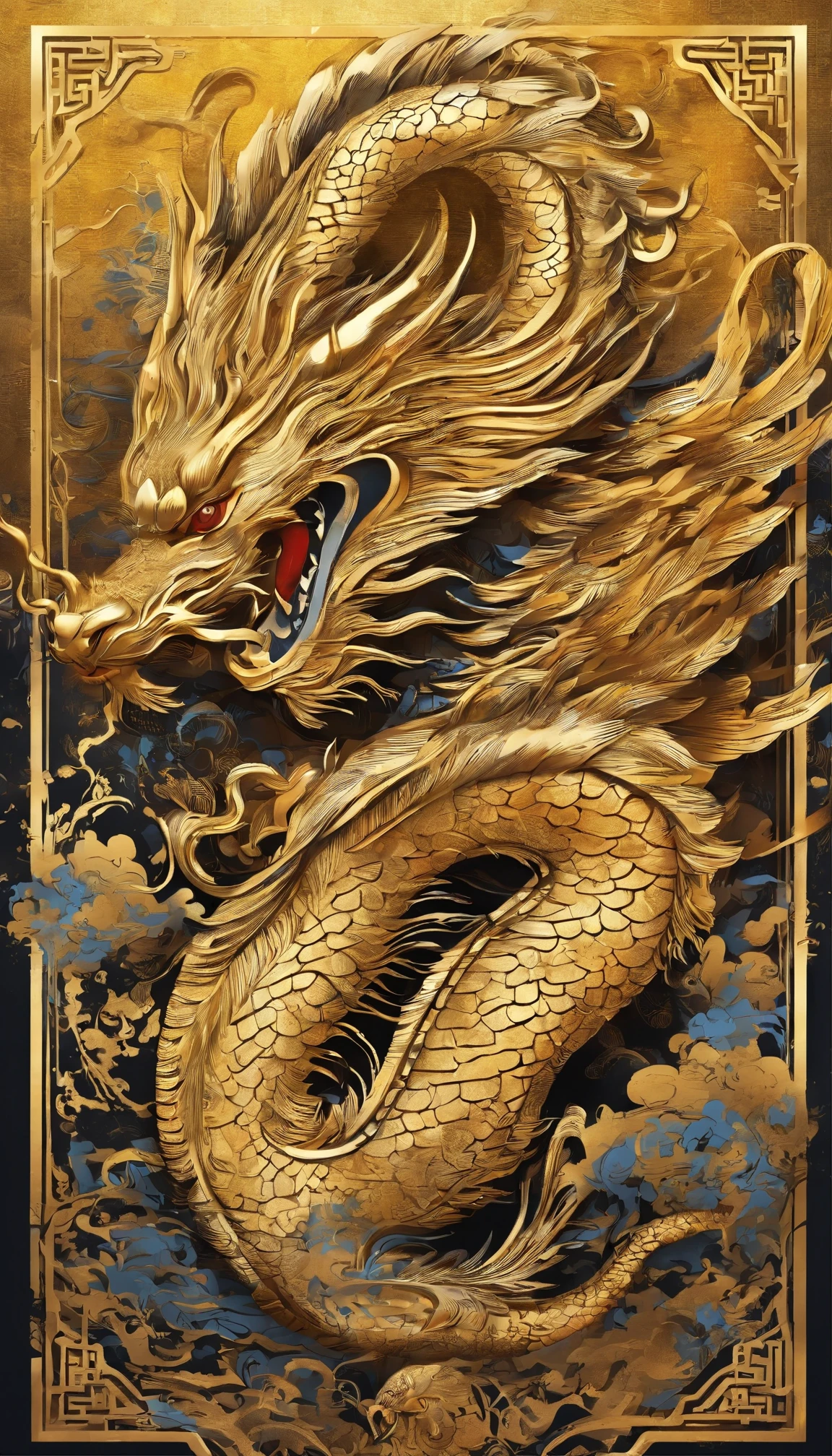 logo、masterpiece、(Golden Background:1)、Golden Chinese Dragon、god々々Hello、Wind、god々、Long undulating body、god話、high quality、Very detailed、masterpiece、Particle Effects、Dynamic Effects、Golden Dragon、Japan dragon in folktales、the color is golden