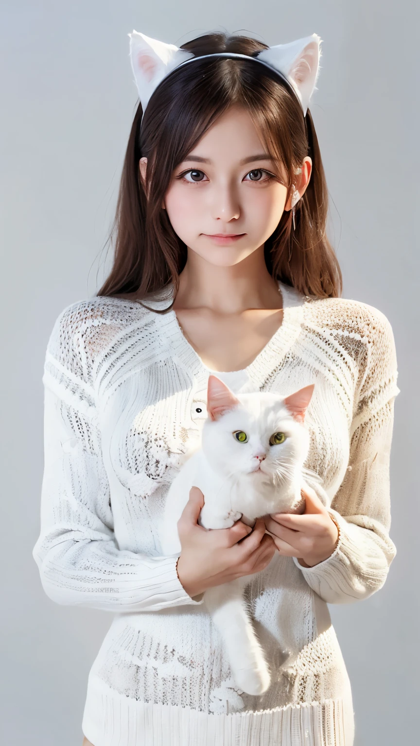 masterpiece, 4k, Bokeh, high school girl, (Cat ear:1.3), (soft hair:1.3) , (white knit onepiece:1.6), (Japanese idle:1.6), Blushed face, looking at the viewer, cowboy shot, (Holding beautiful white cat :1.3), (white background :1.4),