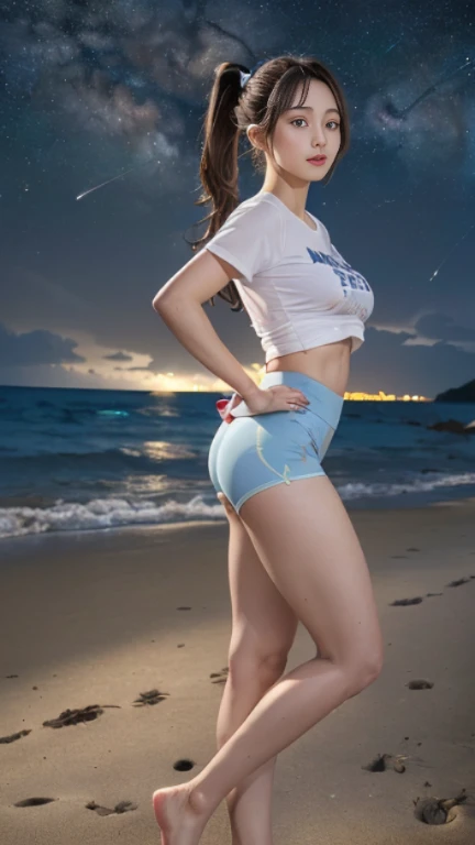 ((masterpiece)), (highest quality), 23 years old,Very detailed, finely, (High resolution), (8k), ((Perfect front viewcomposition)), (Natural color lip),(Side Ponytail:1.3),(((Standing facing forward on the beach at night, look at me))),((Printed T-shirt)),((Light blue fitness shorts)),((From the whole body to the toes:1.3)),((Perfect front view)),((The magnificent Milky Way floating in the night sky)),((Natural pose)),,((Big ribbon on thigh)),((Normal size buttocks)),((Ample breasts)),((Full and firm breasts)),(Small Pareo),