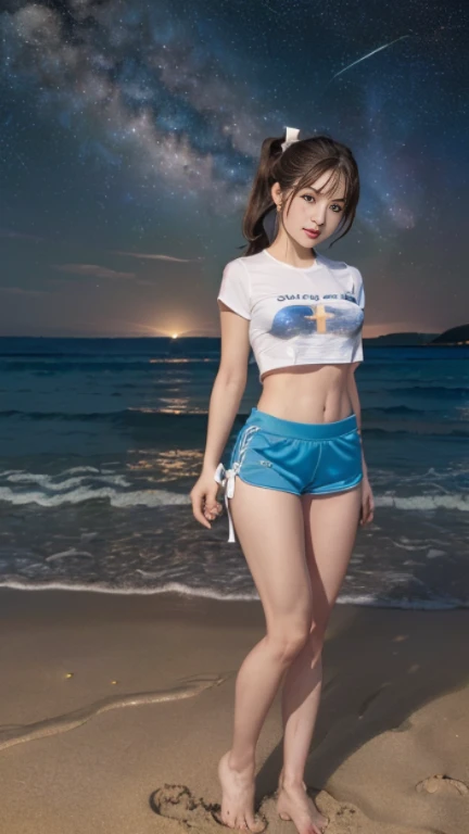 ((masterpiece)), (highest quality), 23 years old,Very detailed, finely, (High resolution), (8k), ((Perfect front viewcomposition)), (Natural color lip),(Side Ponytail:1.3),(((Standing facing forward on the beach at night, look at me))),((Printed T-shirt)),((Light blue fitness shorts)),((From the whole body to the toes:1.3)),((Perfect front view)),((The magnificent Milky Way floating in the night sky)),((Natural pose)),,((Big ribbon on thigh)),((Normal size buttocks)),((Ample breasts)),((Full and firm breasts)),(Small Pareo),