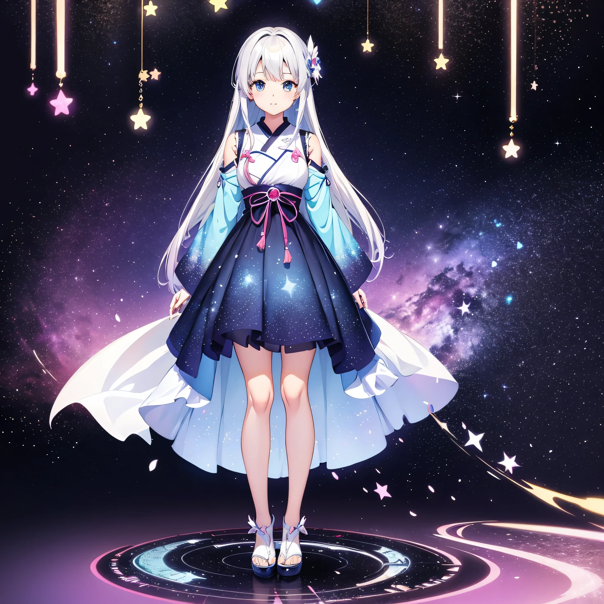 1girl,vtuber-whole body、standing strait、Star Fairy、illustration rainbow colky white smooth long hair blue gradation、whole body、A mini dress that is a remake of a galaxy-patterned yukata.、shine like magic、shiny colorful、Holograph、By Yuumei、anime art wallpaper 8k、Guviz style artwork、anime art wallpaper 4k、anime art wallpaper 4k 、beautiful anime artwork、digital anime art、Guviz、（whole bodyレズビアン：1.2）