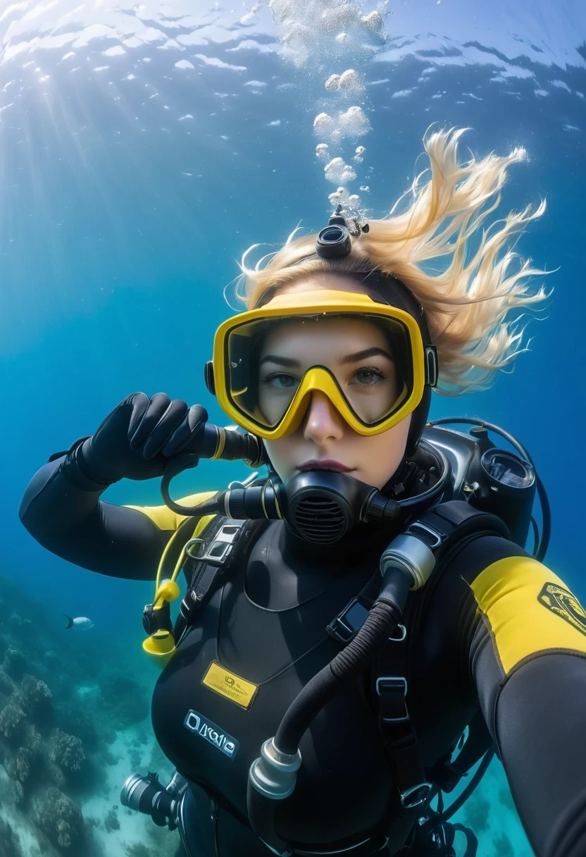 During the diving course,There is a lady wearing a diving suit and goggles,Wear a diving helmet, Instagram, A diver on the seabed, A diver on the seabed, old scuba, GoPro shooting, Abandoned diving mask, Underwater perspective, 3 6 0 capture, amanda clarke, Underwater shooting,