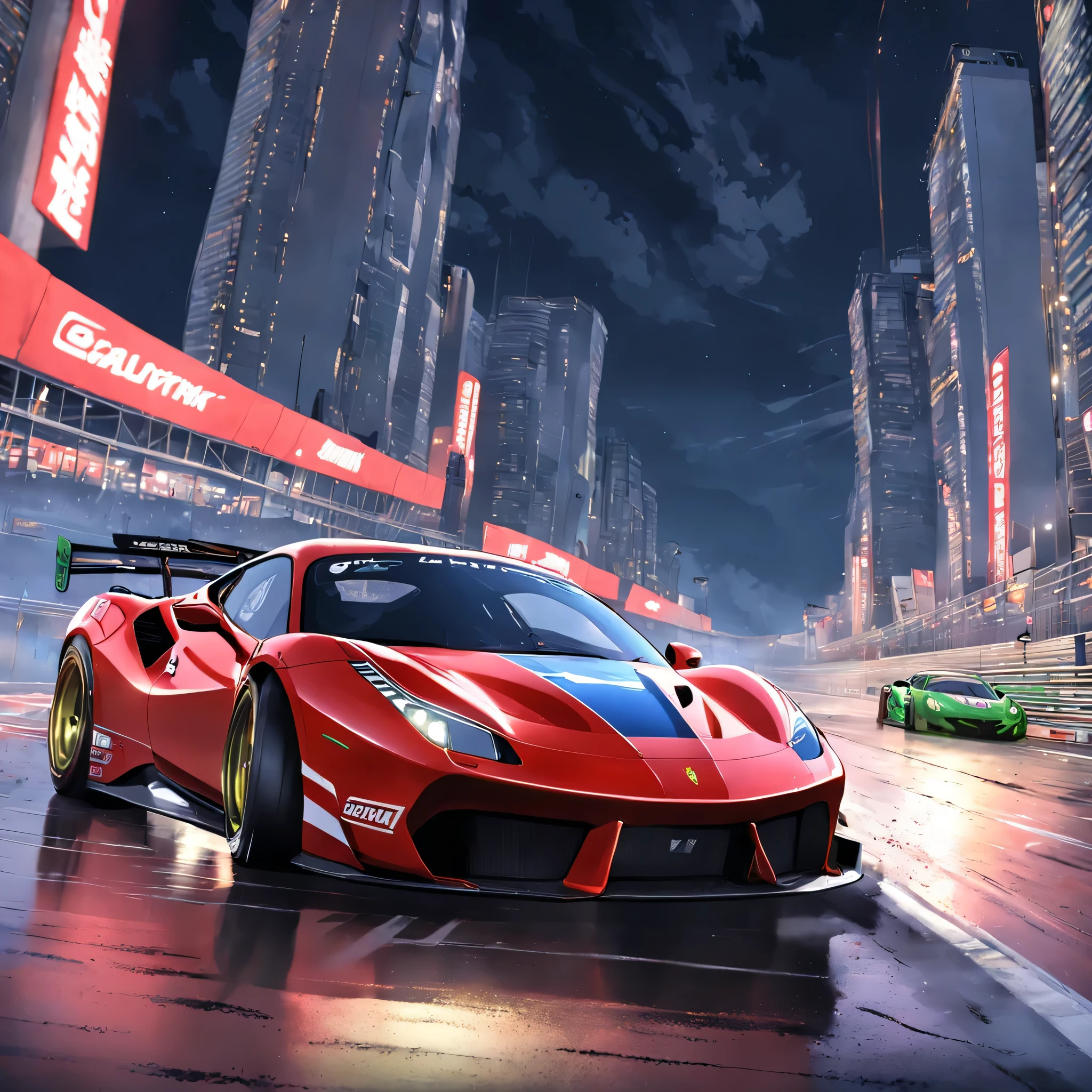 "Or quantity(ferrari 488 gt3 |)Race cars race around the city circuit at night,A breath of blood and speed。"