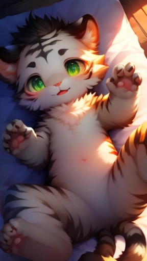 masterpiece, highest quality, (Perfect Face:1.1), (Attention to detail:1.1), (Ultra-detailed eyes), dramatic, White Tiger,fluffy,baby,On the bed,Lying on your back,Full body fur,boy,White fur,Black tiger pattern,Black eyebrows,White Tiger,baldness,baldness,baby,Whites of the eyes are light green,Cat Eyes,Slanted Eyes,Small eyebrows, claw pose, from above,Spread your legs,Grab the leg from the front,Hip Focus