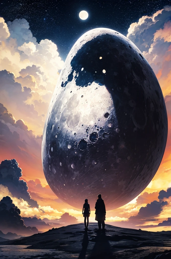 highest quality,Big moon and shadow,A silhouette of a person can be seen against the backdrop of a large moon.,There is one full moon,There is a mood,Beautiful scenery,Starry Sky