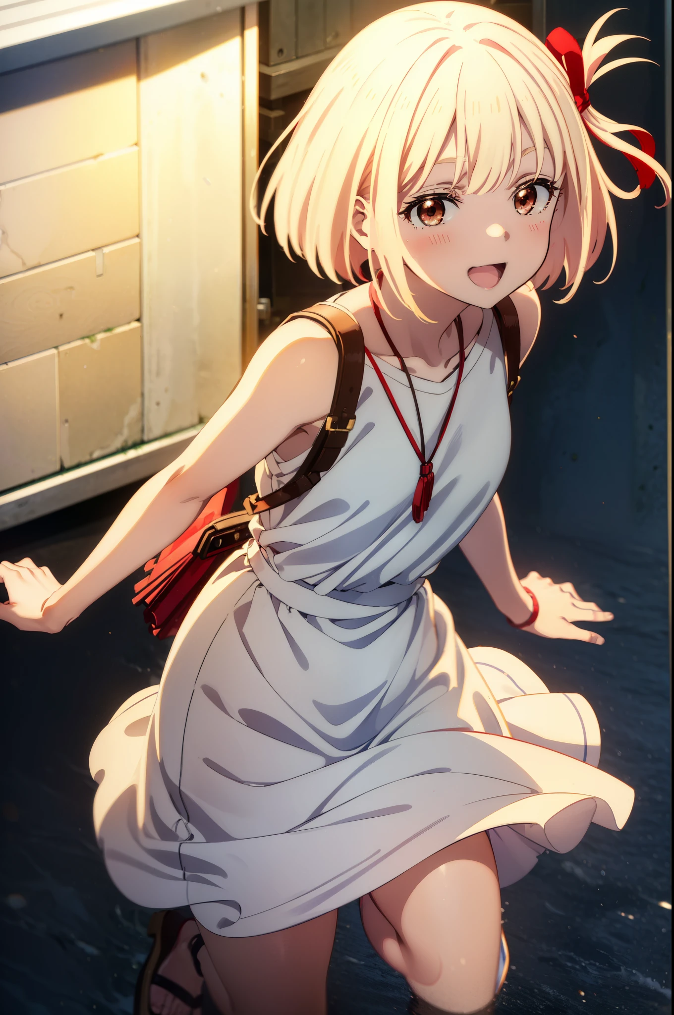 chisatonishikigi, Chisato Nishikigi, Short Hair, bangs, blonde,Bobcut, White hat(Red eyes:1.5), Hair Ribbon,One side up,happy smile, smile, Open your mouth,smile,blush,Red sleeveless dress,White long skirt,Bare arms,Rocket Pendant,Cute Sandals,real summer,sunny,It's as if your whole body is in the illustration., break outdoors, coastal,City Street, break looking at viewer, (Cowboy Shot:1.5), break (masterpiece:1.2), highest quality, High resolution, unity 8k wallpaper, (shape:0.8), (Beautiful details:1.6), Highly detailed face, Perfect lighting, Highly detailed CG, (Perfect hands, Perfect Anatomy),