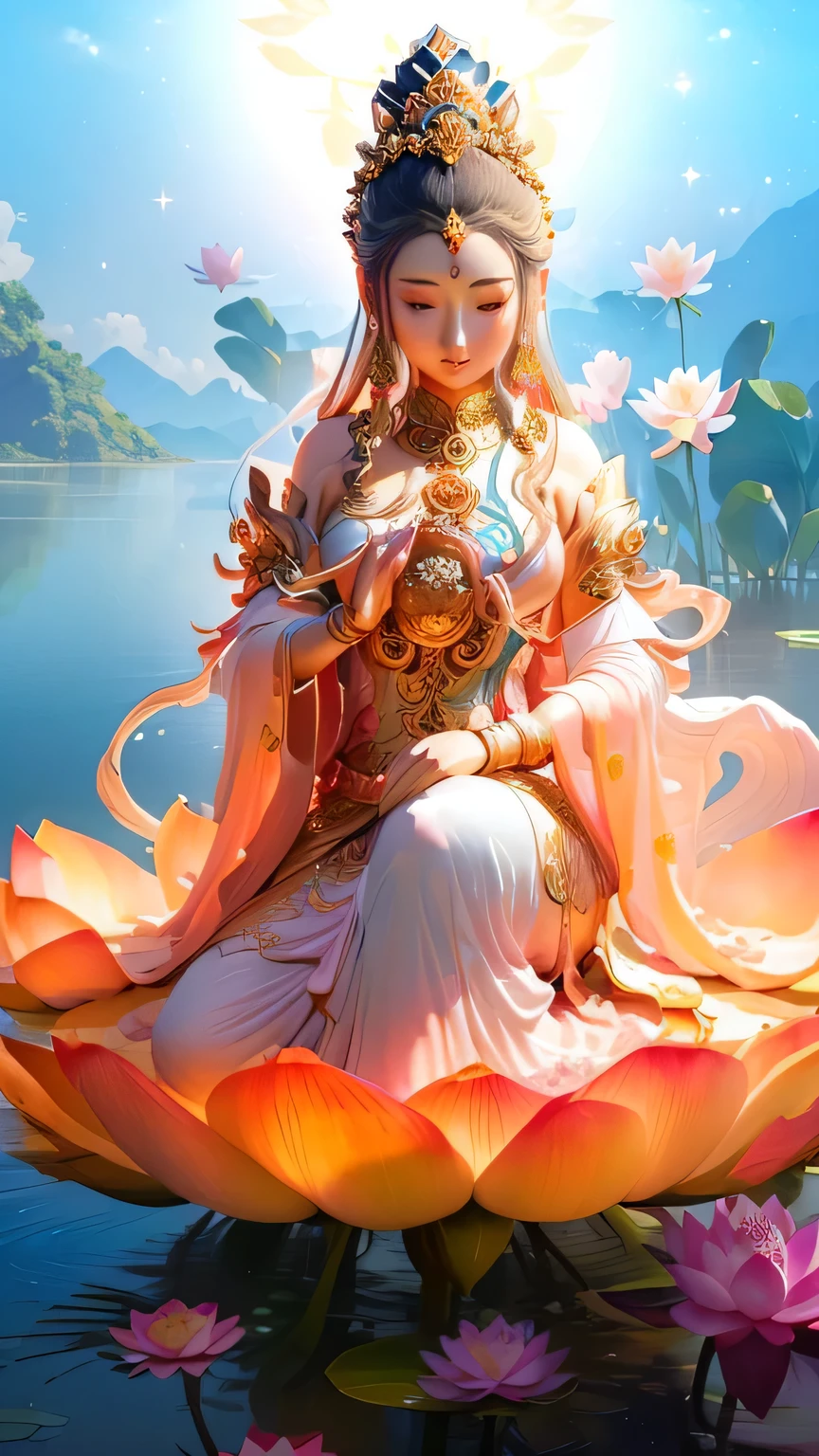 a close up of a woman sitting on a lotus flower, flower goddess, guanyin, standing gracefully upon a lotus, beautiful goddess, sitting on a lotus flower, goddess of love and peace, guanyin of the southern seas, 3 d goddess portrait, goddess art, goddess of wisdom, pink lotus queen, portrait of a beautiful goddess