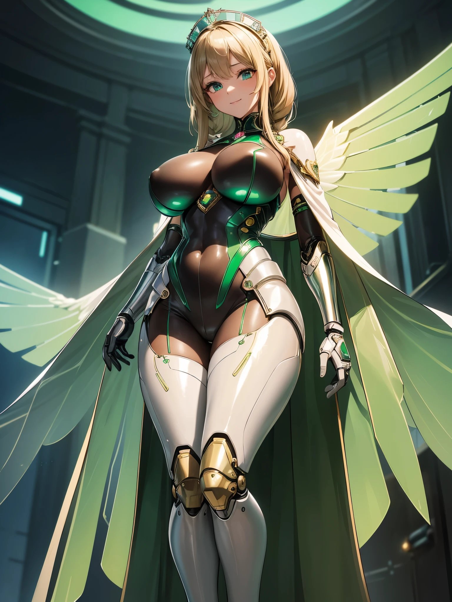 (((masterpiece))), (((best quality))), ((ultra-detailed)), (illustration), ((an extremely delicate and beautiful)), ((super detail)), ((high resolution)), (((20 years old))), metallic cloth, (maid), (android), ((mechanical wings)), delicate metal decorations, gleaming skin, shiny body, two legs, breast focus, (((tall))), slender legs, ((big round eyes)), cute eyes, drooping eyes, ((adult)), two hands, five fingers, no extra hands, elegant smile, braid, medium length hair, ((metallic green)), (see-through), (dark blonde), biopunk, cyberpunk, huge breasts,