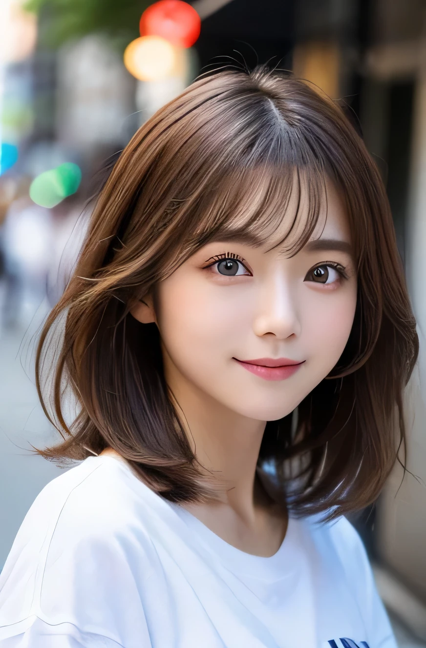 (top-quality,8K picture quality,​masterpiece:1.3,),(super high resolution:1.3,Photorealsitic:1.4,Raw photography:1.2),(ultra-detailliert:1.2,shinny skin,Detailed skin),(Detailed face,Perfect Anatomy,Caustics),1girl,kawaii,japanese,22year old,Japanese ido,Natural brown hair,shoulder length hair,Pretty eyes, round big eyes, drooping eyes, natural make up,Oversized T-shirt,a smile,Looking at the camera,up on the face,Face Focus,street corner,Professional lighting,natural soft light,
