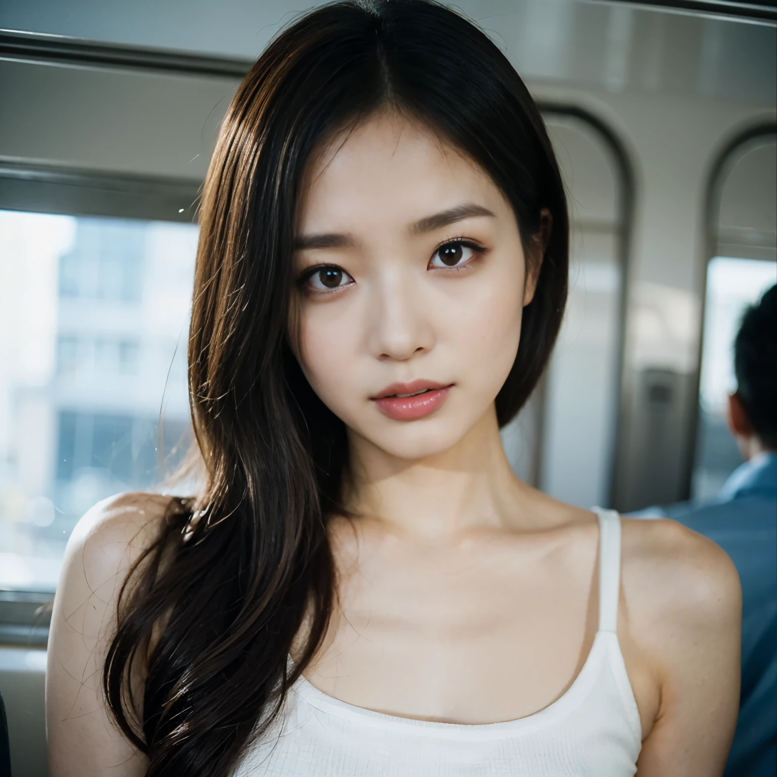 (highest quality、4k、High resolution、masterpiece: 1.2)、Super detailed、Real: 1.37、Young beautiful woman (Fashionable clothing、Painful expression、Perfect Skin)、Strong gaze、Bright lipstick、Detailed eyelashes 、Grit your teeth、Perfectly styled hair、Glowing Skin、Stylish accessories、Expressive eyes、An enviable sight、Striking a nervous pose on the train（Filled with natural light、Modern and sleek design、Elegant backgrounds）、Beige and black color palette、Subtle shimmer effect、 The soft lighting accentuates the feminine features.、Creates a glamorous and sophisticated atmosphere、((Hold back excretion))、((Hold back excretion表情))、((Hold back excretion表情))、((Sweat))、(((limit of patience))))、(((limit of patience))))、(((limit of patience))))、(((limit of patience))))、