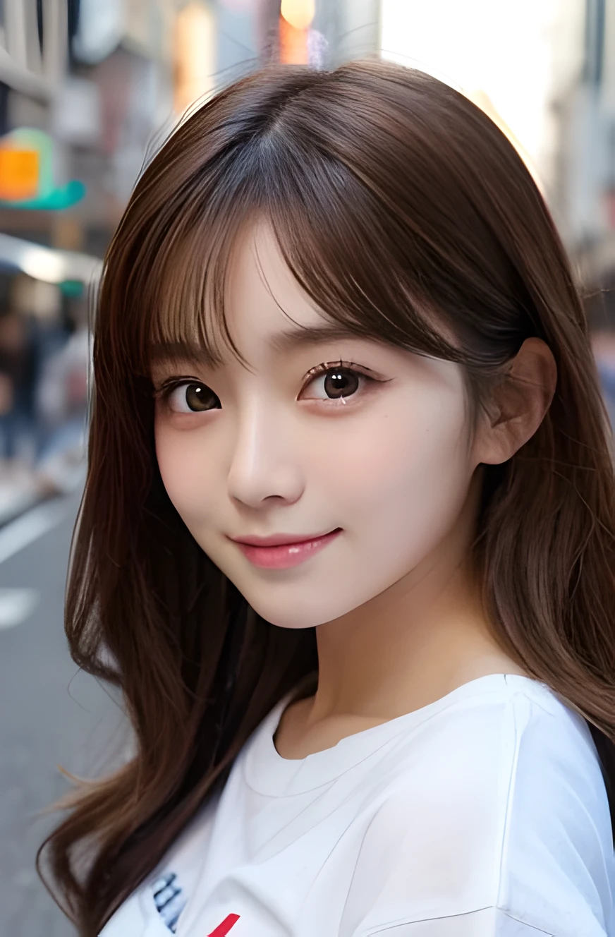 (top-quality,8K picture quality,​masterpiece:1.3,),(super high resolution:1.3,Photorealsitic:1.4,Raw photography:1.2),(ultra-detailliert:1.2,shinny skin,Detailed skin),(Detailed face,Perfect Anatomy,Caustics),1girl,kawaii,japanese,22year old,Japanese ido,Natural brown hair,shoulder length hair,Pretty eyes, round big eyes, drooping eyes, natural make up,Oversized T-shirt,a smile,Looking at the camera,up on the face,Face Focus,street corner,Professional lighting,natural soft light,