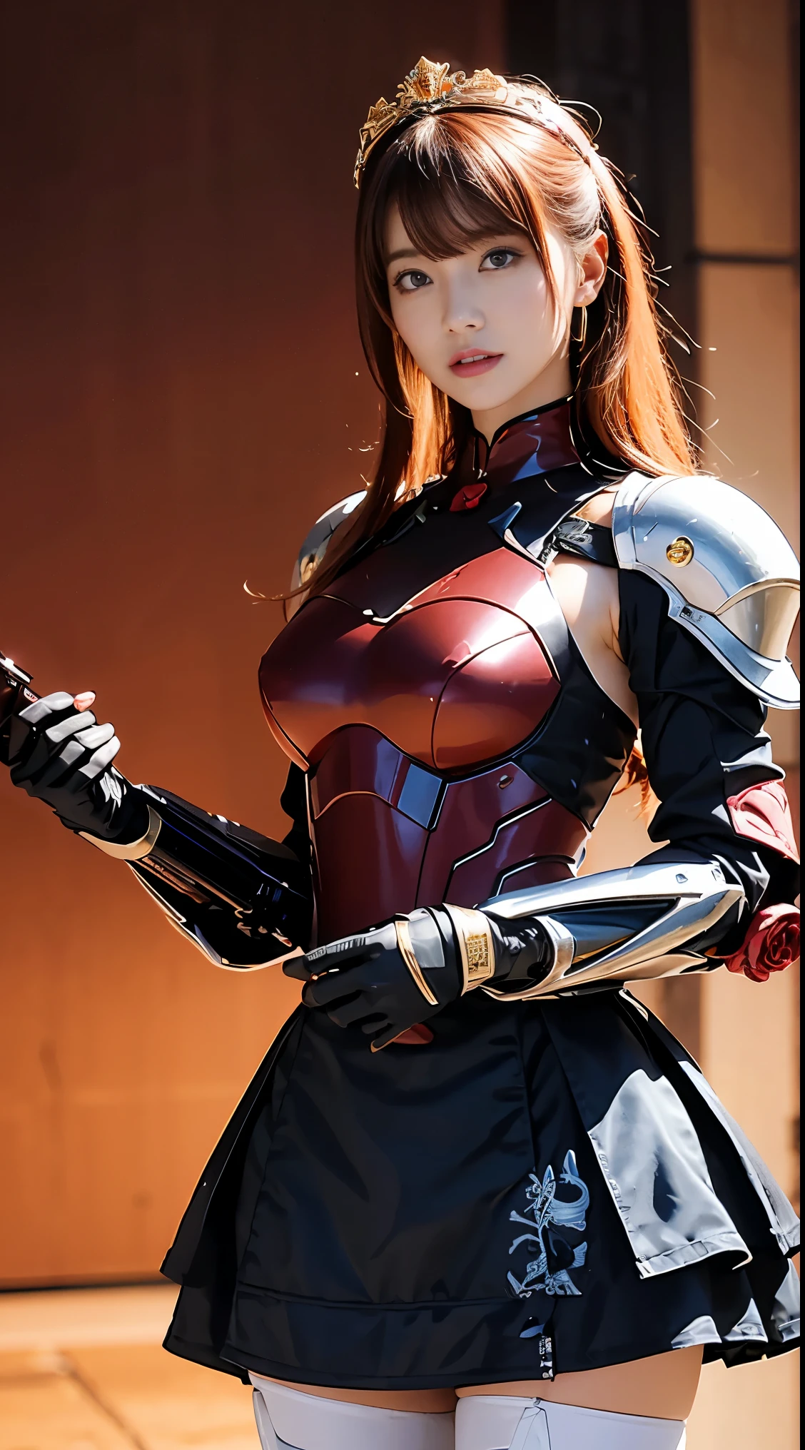 Redhead、1 Female robot、Reddish pinkish dress、Wearing black armor over the dress、place々It is a gold rose design、The skirt of the dress is made of velour fabric、The weapon is a rose thorny gun、There are ring-shaped mines of thorns、The face is covered with a mechanical mask that looks like a motorcycle helmet、The upper part of the mask is reddish-pink、The chin of the mask is white、The mouth of the mask is fangs like a vampire、The eyes of the mask are goggle-shaped、The eyes of the mask are glowing red、The mask has a large black ribbon on the head.、Transformation Belt、Wearing pin heels trimmed with black gold、Battlesuit like a mechanical dress、Each part has frills、8k、Clear contours、The octopus mascot character will appear on the screen、The background is a castle garden with blooming roses、a beautiful girl character、Anime Touch、Anime Assortment、The weapon is a machine gun intertwined with gold and black and rose ivy、Wearing futuristic black metal armor、Armor covers shoulders and chest、cyber punk、The shadow color is a vivid color、Near future、Clothing Cyber Design、The weapon is a machine gun about your own length、The body is almost robotic、The robot has black armor with golden lines、The armor is a rose design、Gundam、Ahmad Koa、Iron Man、Armored Trooper Votoms、Squadron theft、Five Star Stories、Elgeim、Giant Female Robot、Cybele、Mobile Suit、Rosen Zuhl、kshatriya、The head is a mechanism、Have a railgun larger than your height、Large and small firearms