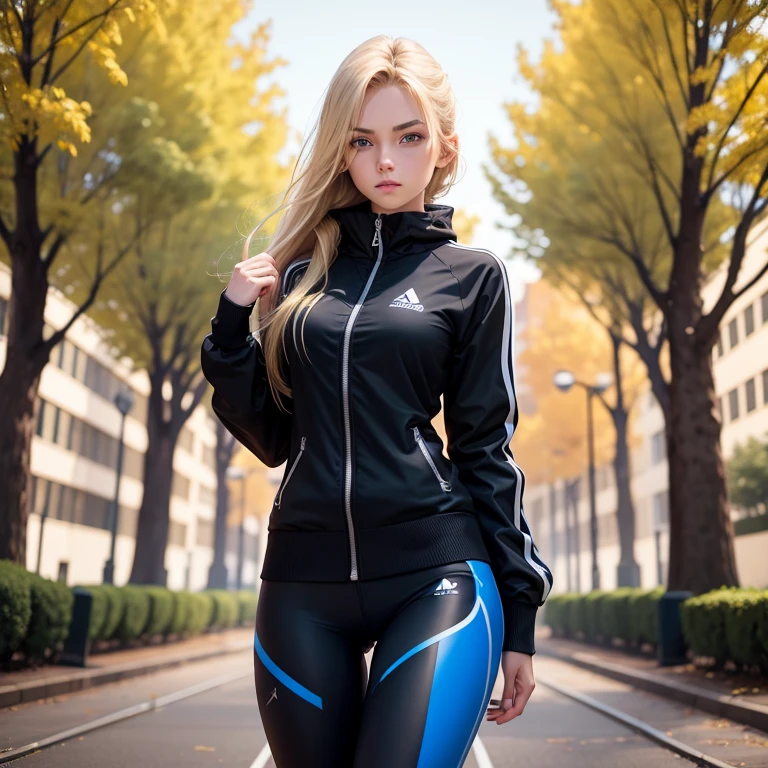 18 year old girl 6’2” tall, blond, long muscular legs, slender, lean, blue eyes, heart shaped face, black athletics leggings and zipped up track jacket, standing in the park.