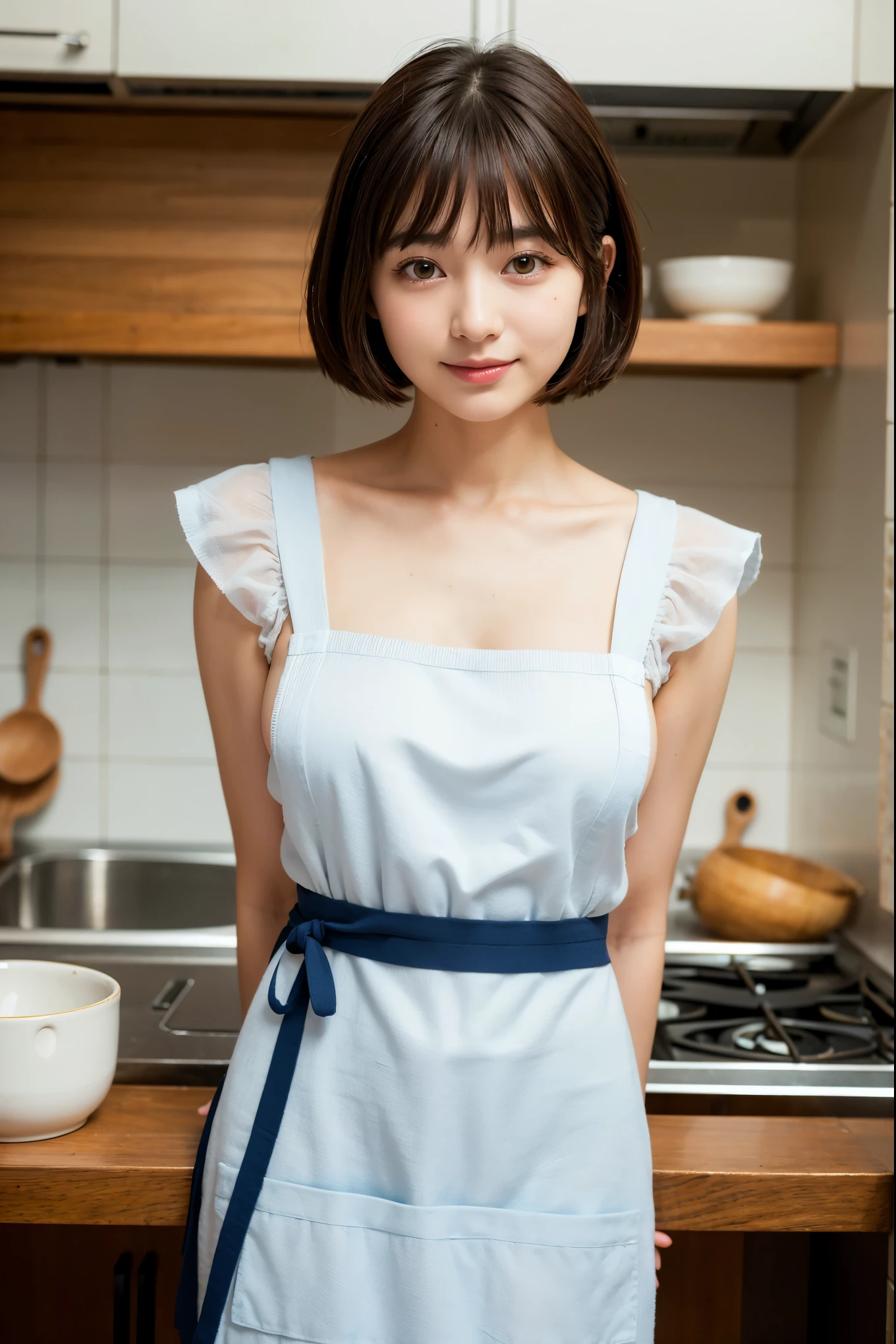 highest quality, Face Focus, Soft Light, Ultra-high resolution, (Realistic:1.4), RAW Photos,
1 Japanese girl, alone, cute,kind Beautiful face in every detail, (),(High resolution detail of human skin texture),
indoor, ((A surprisingly thin and tiny navy blue knit camisole apron)) Beautiful breasts Wearing a boldly revealing apron
(Portraiture) High resolution focused on the eye smile See-through bangs The background is the protagonist Wide and deep background Luxurious and beautiful kitchen Thin eyebrows Beautiful breasts very cute Beautiful white skin Beautiful Hair (Very stylish and beautiful straight bob hair:1.3)