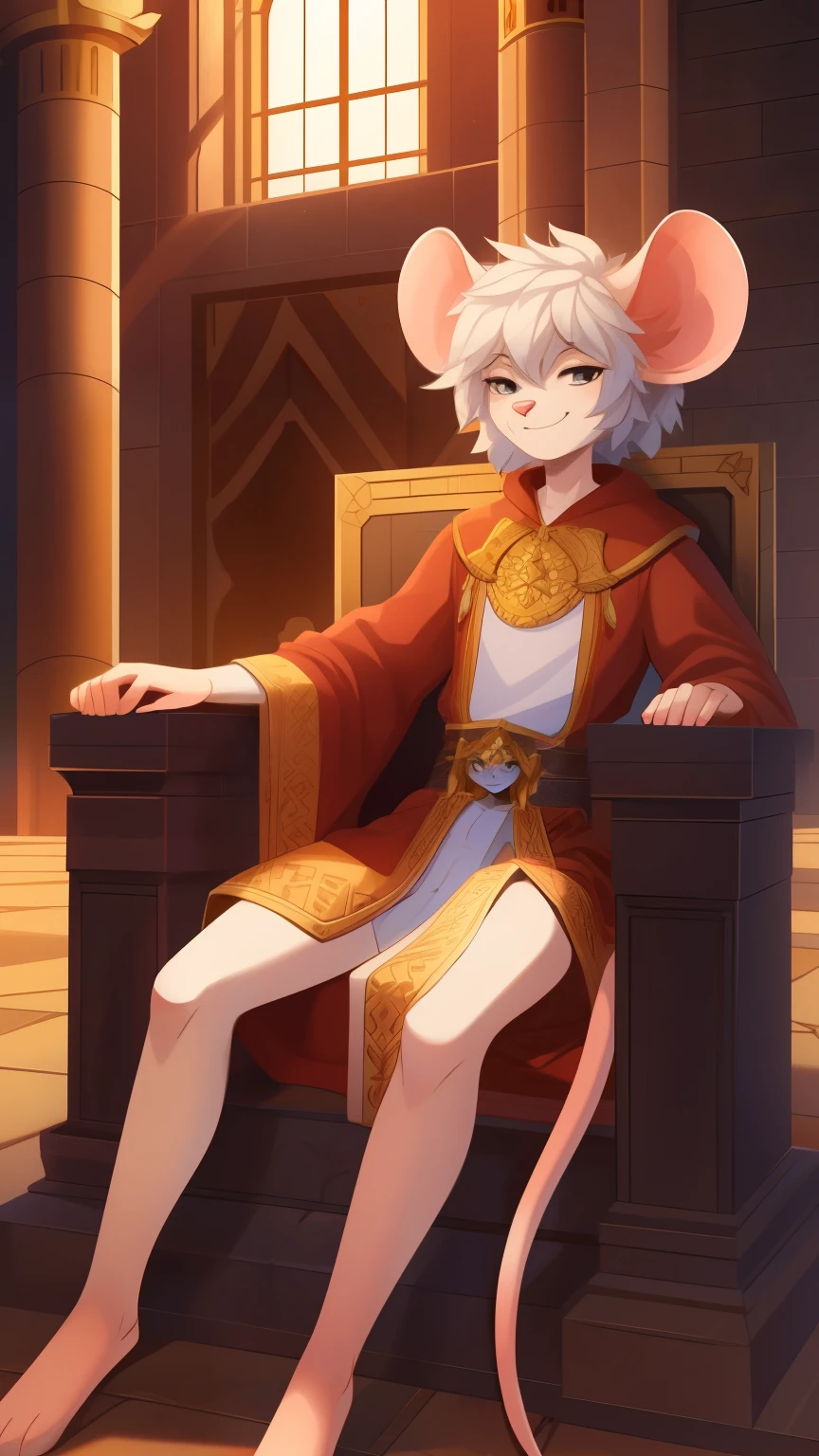 Best quality, super detailed illustration, warm colors, Ideal lighting, (fluffy mouse boy:1.4), white fur, feminine face and body, disheveled thick hair, king's robe, sitting on a throne in a castle, smug smile, half-closed eyes , Femboy, slim, perfect body, DND style