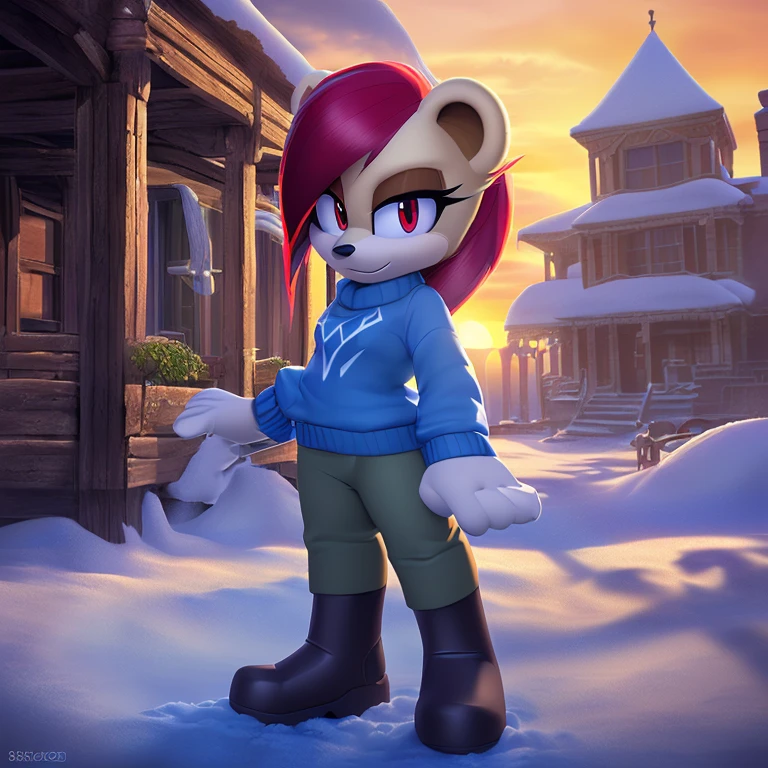 (((mobian, polar bear, female, teenager, well built, average , long straight hair, hair dow to middle of back, tied into ponytail, crimson hair with a white streak, red eyes, tomboy, snow pants, blue sweater, heavy boots, front view))), (((open tundra))), (((masterpiece, hd, 8k, highly detailed, studio quality, best quality, intricate detail, high quality, high detail, high resolution, detailed hands, studio lighting, detailed shadows, raytracing, digital art, featured on pixiv, the most beautiful image ever seen, realistic)))