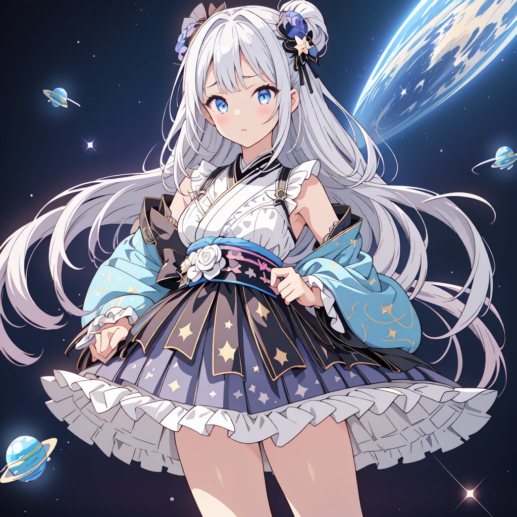 Star Fairy、(masterpiece, best quality), 1girl, 「A beautifully printed galaxy patterned kimono and gothic ta outfit.、Space pattern box pleated mini skirt with ruffles、Front view portrait、Knee-high boots、Captivating eyes、Perfect and stunning face、Exquisite details、Clear images、highest quality。」Milky white and light blue gradient long straight hair、