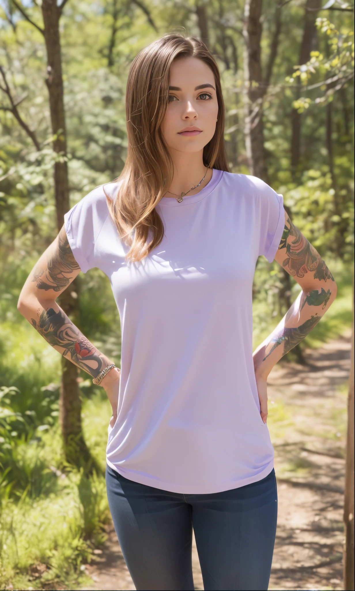 a woman with a tattoo on her arm standing in the forest with her hands on her hips, camiseta violeta, vestindo camiseta roxa, vestindo uma camiseta muscular, Top roxo, ao ar livre, lilac, Jenni Pasanen, retrato frontal, Visible upper body, Summer night, with a tree in the background, nina tryggvadottir, Retrato da parte superior do corpo, imagem de perfil