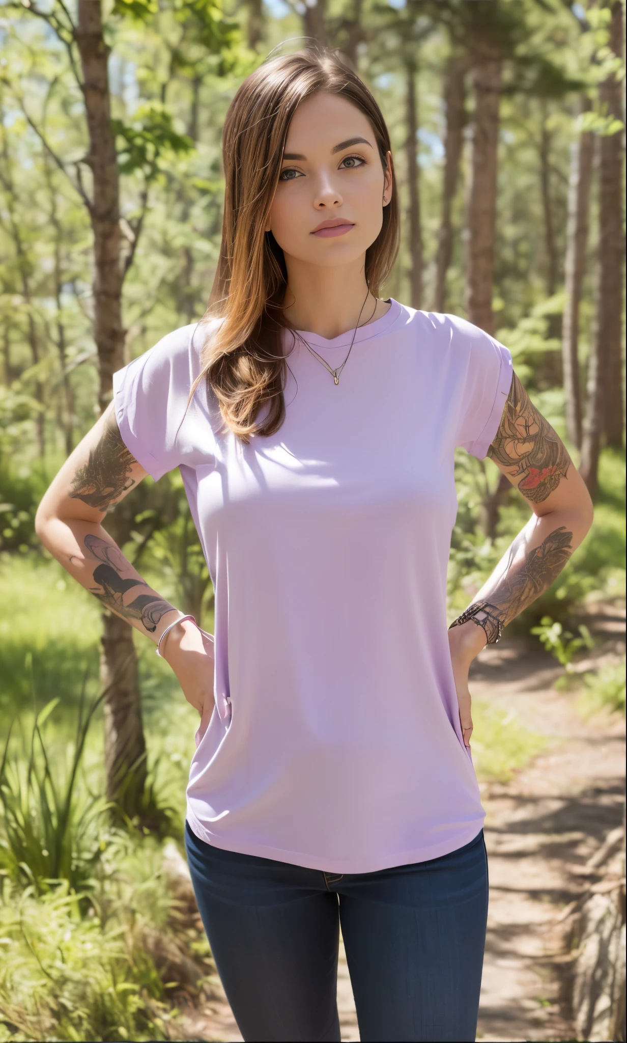 a woman with a tattoo on her arm standing in the forest with her hands on her hips, camiseta violeta, vestindo camiseta roxa, vestindo uma camiseta muscular, Top roxo, ao ar livre, lilac, Jenni Pasanen, retrato frontal, Visible upper body, Summer night, with a tree in the background, nina tryggvadottir, Retrato da parte superior do corpo, imagem de perfil
