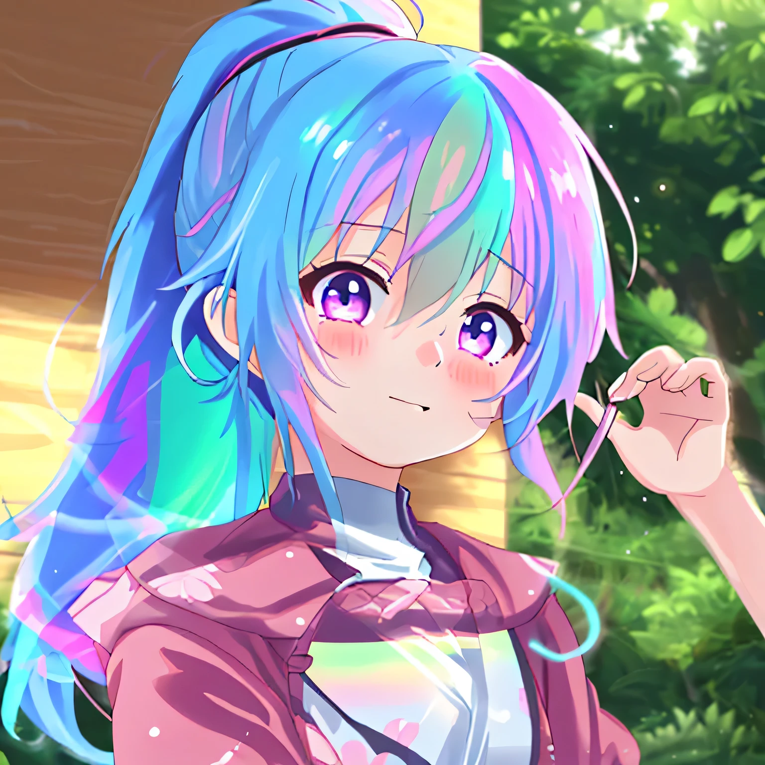 shy anime girl, Iridescent hair, ponytail