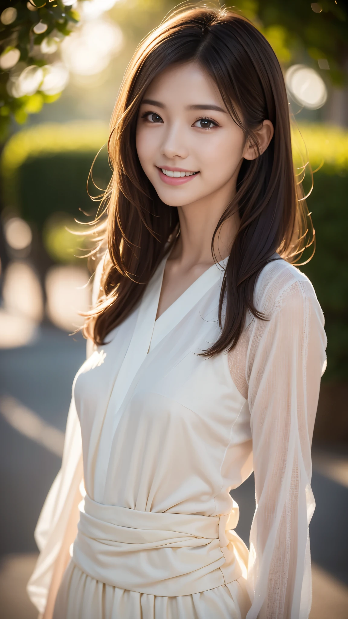 masterpiece, highest quality, 8k, One girl, The right human hand, Correct human finger, Skinny Japanese woman, cute, Girlish, Delicate woman, Pure beauty, Small breasts, Very small waist, Sexy lips, Illumination, avert your eyes, RAW Photos, debt/1.8, 135mm, Canon, Anatomically correct, Bokeh,Textured skin, Professional photography, Soft Light, Professional Lighting, Backlight, debtilm grain, (Eyes and facial details:1.0), Brown Hair, Medium length hair swaying in the wind, Silk blouse,smile、