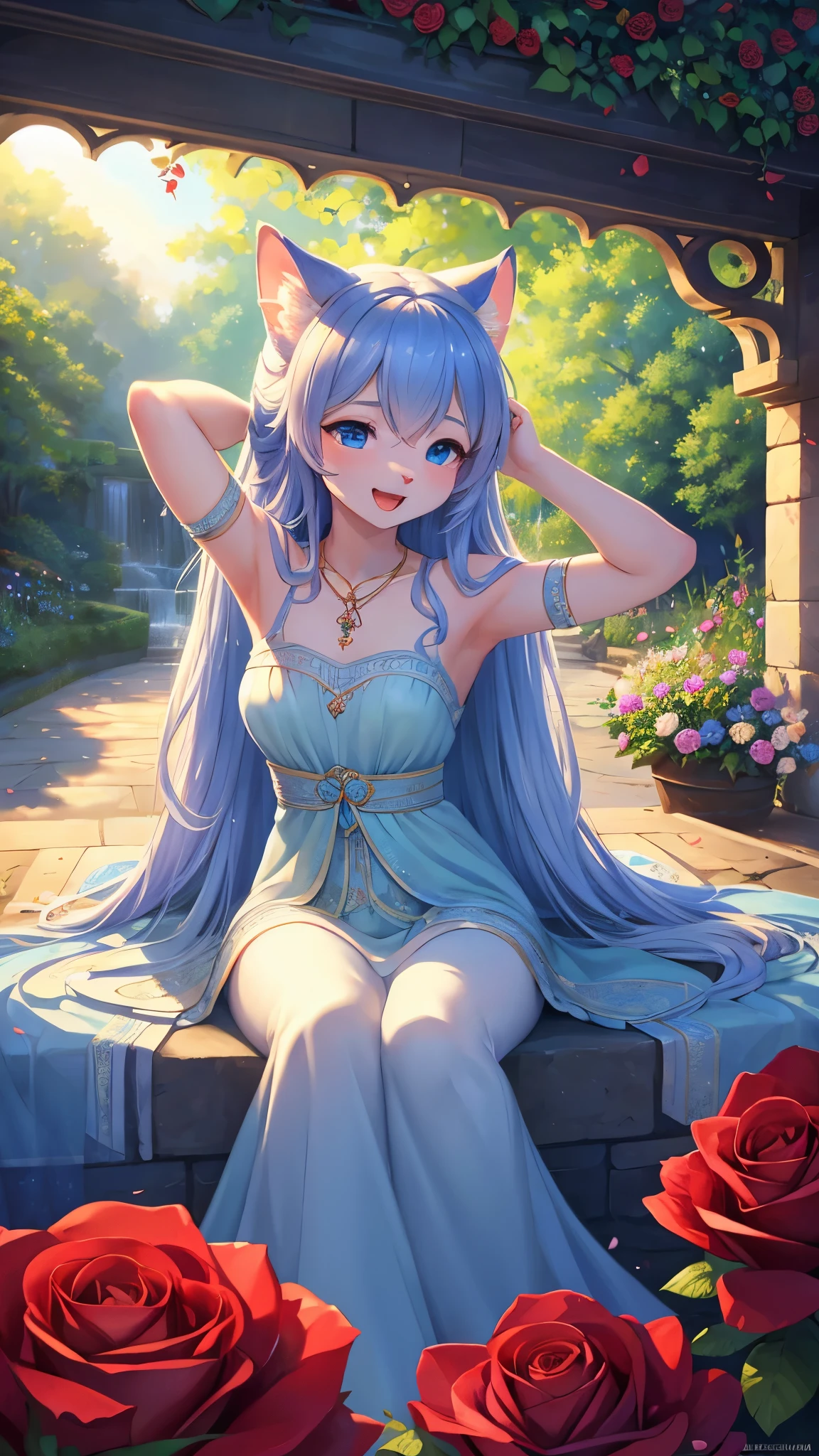 (fluffy anthro furry :1.3),cat girl,A sea of blue roses emerges in a vivid and enchanting garden, bathed in the soft glow of the setting sun. The roses glisten with delicate dewdrops, their vibrant blue petals beautifully contrasting against the lush green foliage. The mesmerizing scene is further enhanced by the gentle breeze, causing the roses to sway gracefully, as if dancing to nature's rhythm. The garden is alive with the vibrant colors and sweet fragrance of these unique and rare flowers. Each rose is exquisitely detailed, with intricate patterns and velvety textures that invite closer inspection. The petals are soft and velvety, and their edges are adorned with delicate, silver-white filaments that gleam in the sunlight. The air is filled with the intoxicating aroma of these exquisite blooms, creating an atmosphere of tranquility and serenity. The blue hues of the roses create a dreamlike ambiance, like a portal to a world of fantasy and wonder. The scene is captured with the utmost attention to detail and realism, ensuring the best quality and ultra-detailed rendering of the roses and the surrounding garden. The lighting is expertly crafted, with soft, warm tones cascading gently over the petals, evoking a sense of warmth and tranquility. The overall color palette is dominated by shades of blue and green, creating a harmonious and ethereal atmosphere. This masterpiece of art seamlessly blends the natural beauty of the roses with a touch of magical realism, transporting viewers to a realm where dreams come to life.smile,armpits,open mouth,sitting