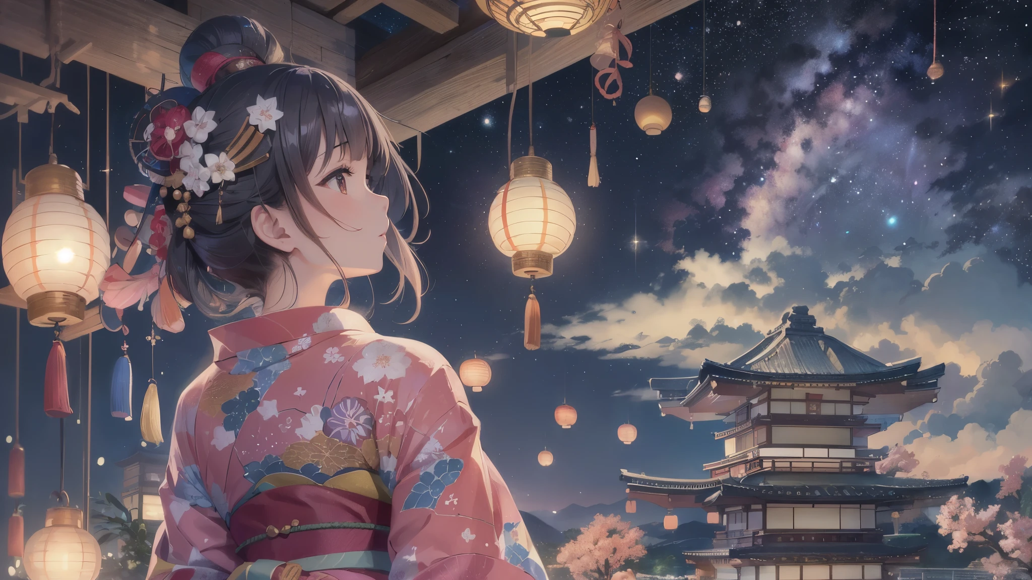((highest quality)),(Ultra-high resolution),(Very detailed),(Detailed Description),((The best CG)),(A masterpiece),Ultra-precise art,amazing drawing art,(Japanese-style art with intricate detail:1.5), (Woman in yukata:1.6),(Beautiful and well-proportioned face:1.5),(Looking up at the Milky Way:1.5), (Tanabata飾り:1.6), Tanabata祭り:1.5, Tanabata:1.4, A dimly lit lantern:1.3