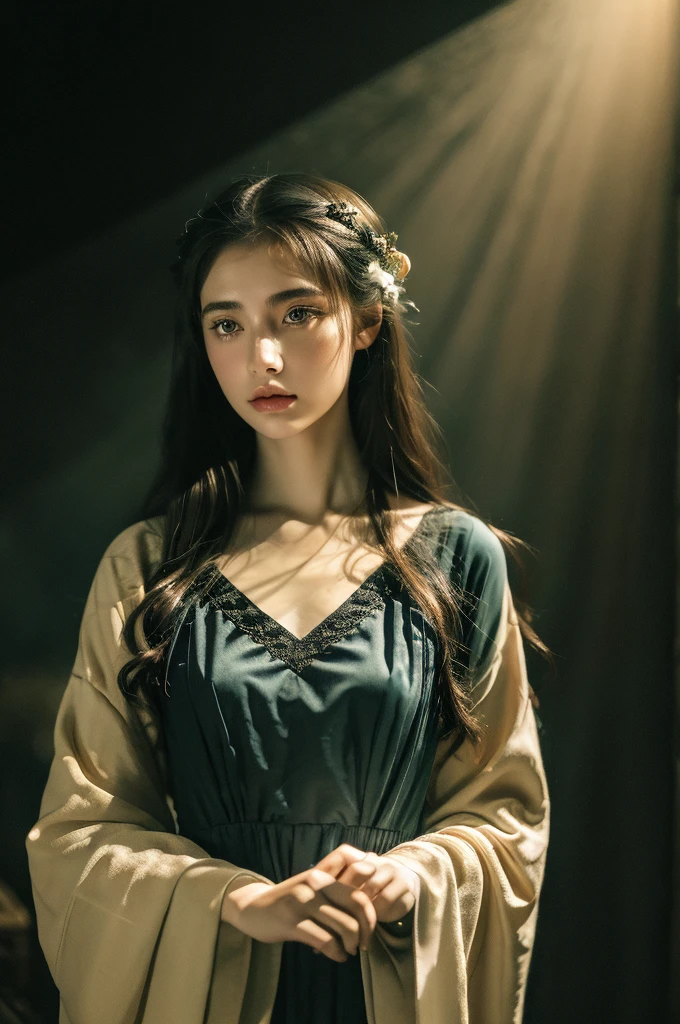 ( masterpiece, top quality, best quality,8k,17 years old girl,ultra detailed,raw photo:1.5),(photorealistic:1.4), (cinematic lighting), PerfectNwsjMajic, , Surrealism, UHD, ccurate, Super detail, textured skin, High detail, Best quality, dynamic angle, White skin,[Beautiful blue eyes], high nose,[flat chest:large breasts:0.5],(1girl),(good anatomy:0.5)), Dreamy atmosphere, Dark-toned background, expressive brush strokes, mystical ambiance, Artistic interpretation, Stunning Studio Ghibli style costumes, a whimsical illustration, Subtle colors and tones, mystical aura,