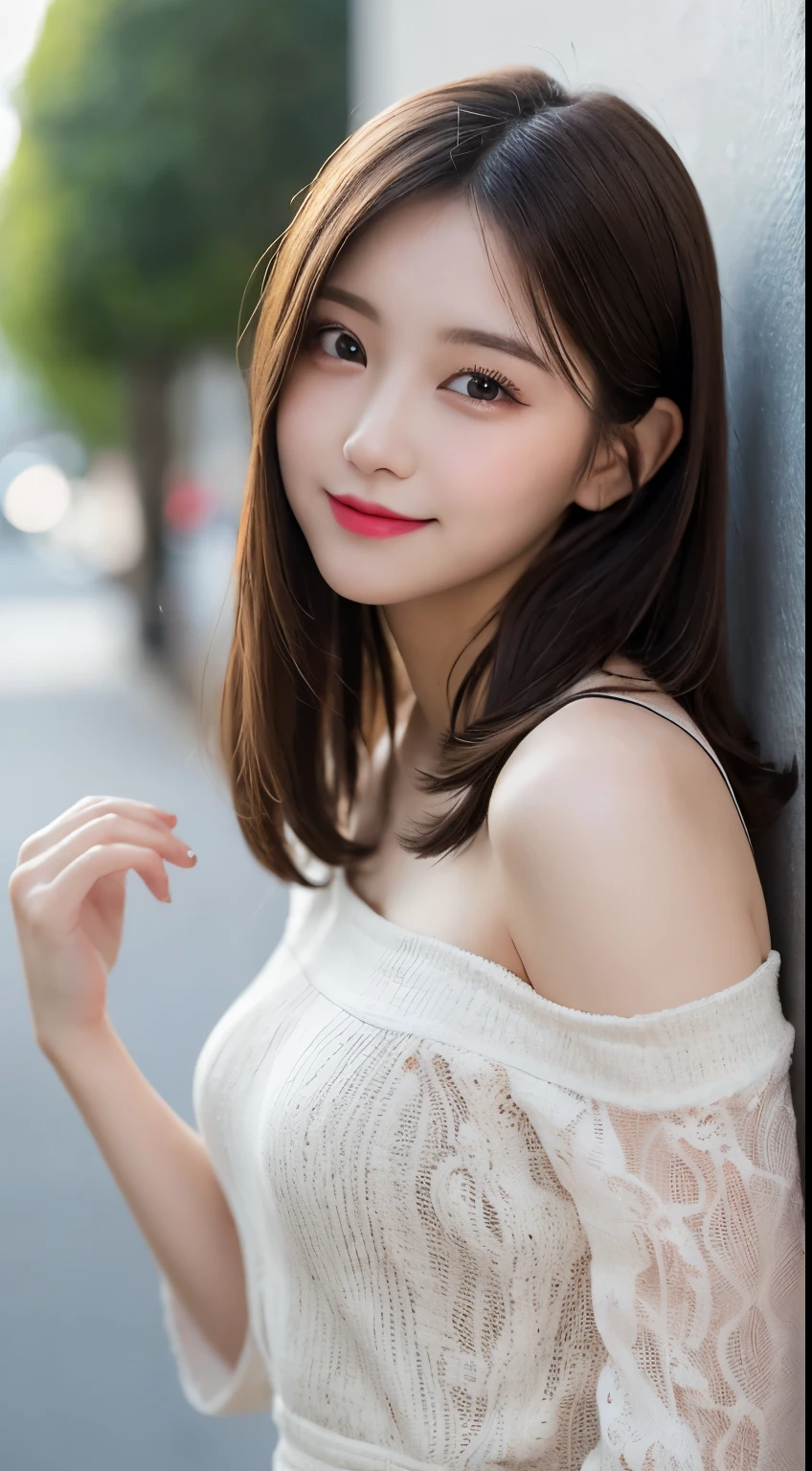 Tabletop, highest quality, shape, Very detailed, finely, High resolution, 8k wallpaper, 完璧なダイナミックな構shape, Beautiful and detailed, Nice spring clothes,Beautiful straight hair,Small breasts,Natural color lip, 20-year-old girl、cute、sexy shot looking at camera,Always blur the background,Perfect and beautiful face,Beautiful and dense face、Slim face and figure,Big eyes、Putting on gal makeup,Actual photo（Best image quality）、Sexy Face、Fashion model posing、Full Body Shot、smile、Off-the-shoulder one-piece dresses、Blurred Background