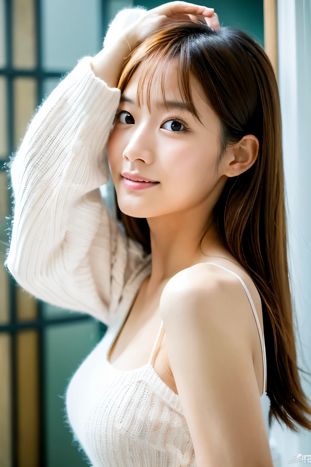 Spirits/Motivated,8K,8K, a beautiful woman like Mai Shiraishi, white knit, no bra, bust 90cm, bewitching pose, a beautiful woman like Mai Shiraishi, white knit, no bra, bust 90cm, bewitching pose,