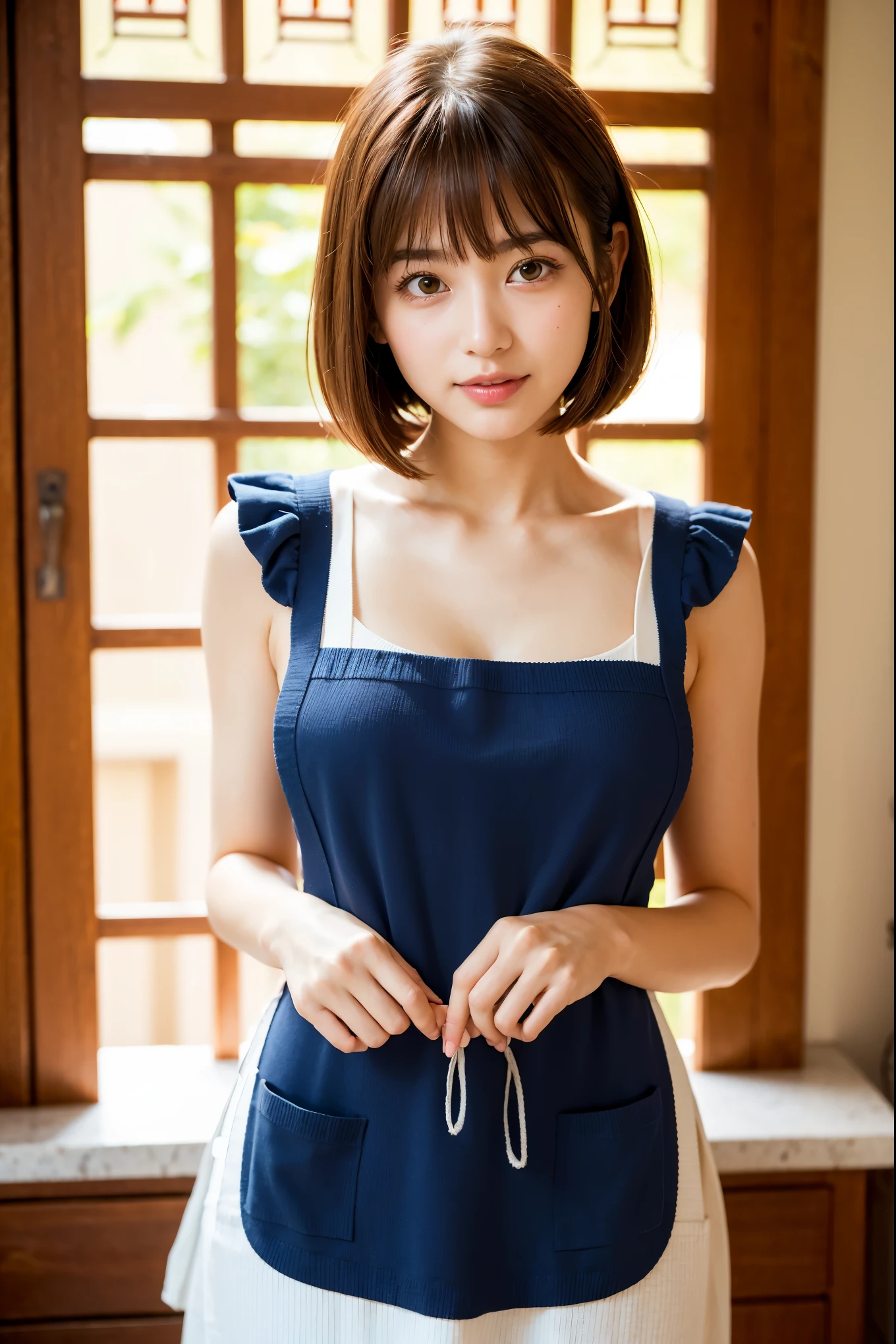 highest quality, Face Focus, Soft Light, Ultra-high resolution, (Realistic:1.4), RAW Photos,
1 Japanese girl, alone, cute,kind　 Beautiful face in every detail, (),(High resolution detail of human skin texture),
indoor, ((A surprisingly thin and tiny navy blue knit camisole apron)) Beautiful breasts　　Wearing a boldly revealing apron
(Portraiture)  High resolution focused on the eye　smile　　See-through bangs　17 years old　　　The background is the protagonist　Wide and deep background　Luxurious and beautiful kitchen　Thin eyebrows　Beautiful breasts　very cute　Beautiful white skin　Beautiful Hair　　(Very stylish and beautiful straight bob hair:1.3)  