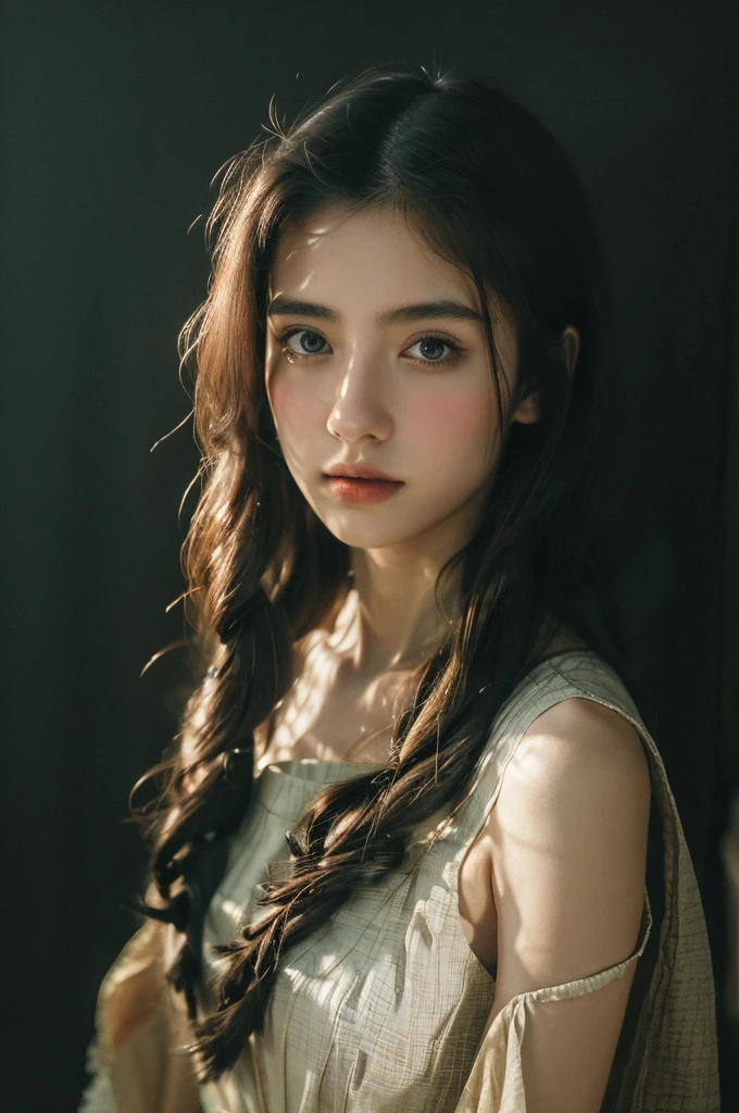 ( masterpiece, top quality, best quality,8k, girl,ultra detailed,raw photo:1.5),(photorealistic:1.4), (cinematic lighting), PerfectNwsjMajic, , Surrealism, UHD, ccurate, Super detail, textured skin, High detail, Best quality, dynamic angle, White skin,[Beautiful blue eyes], high nose,[flat chest:large breasts:0.5],(1girl),(good anatomy:0.5)), Dreamy atmosphere, Dark,expressive brush strokes, mystical ambiance, Artistic interpretation, Stunning Studio Ghibli style costumes, a whimsical illustration, Subtle colors and tones, mystical aura,straight face, hairstyles