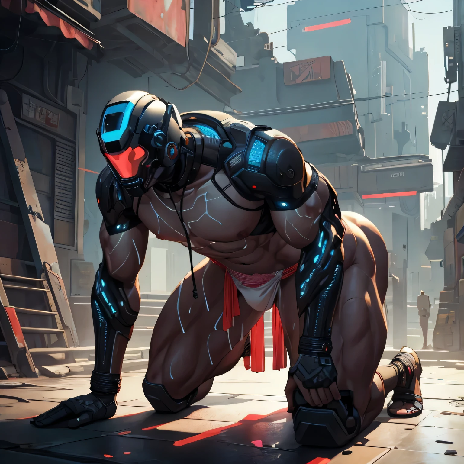 male, (human body, muscular, full nude, only Glowing cyberpunk future helmet, only skinny Transparent fundoshi, covered semen,) realistic, light skinned, On all fours, Side angle