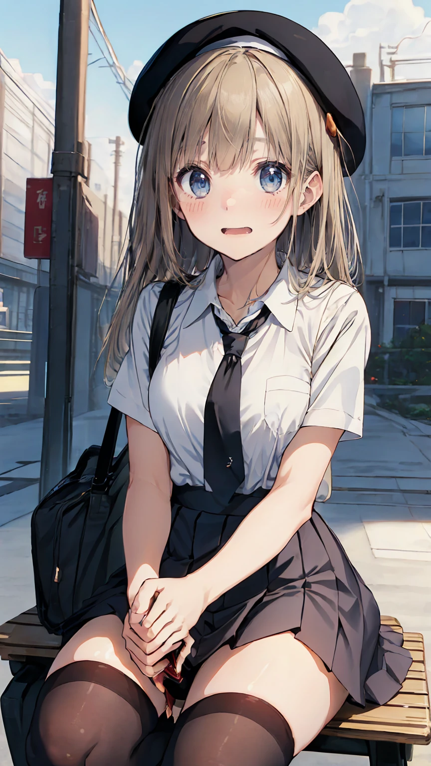 (masterpiece, best_quality), extremely detailed CG unity 8k wallpaper, super fine illustration, (anime_style), Woman posing for a photo, A shy smile, Small open mouth, Long Hair, Straight hair, Fine skin, Beautiful Hands, Beautiful fingers, Wearing a beret, tie, Small breasts, Short sleeve blouse, Pleated skirt, Thighs, Absolute area, Knee socks, Daytime, Hot summer day, School, Schoolyard, Sitting on a bench, Canned juiceを持っている, Natural light, Detailed face:1.2, Sharp focus, Hasselblad Photos, masterpiece, light makeup, Cinematic lighting, 4k, sharpness, Anime Style, whole body, Canned juice, 