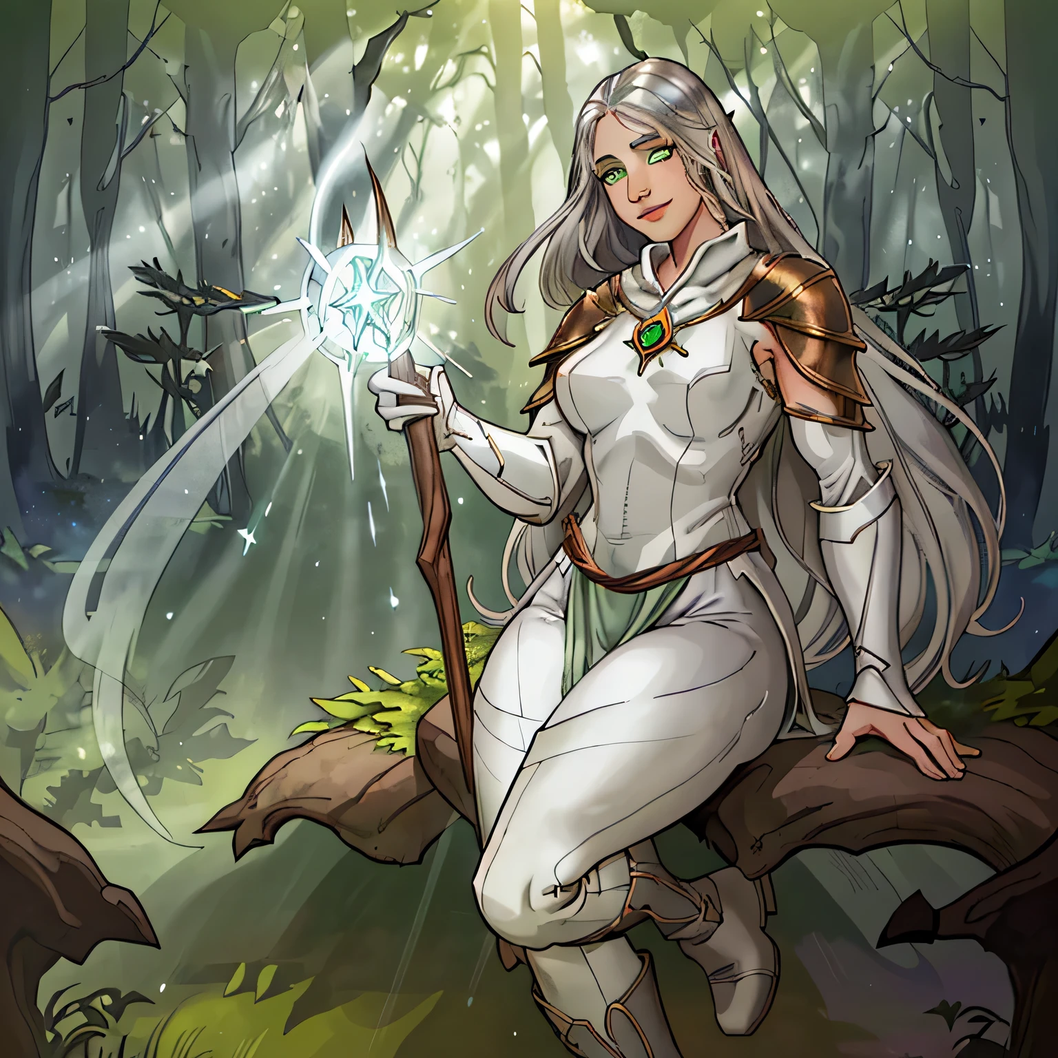 girl smiling,silver hair,green eyes,white mage cloth,wood staff,black tight pants,brown boots,enchanted aura,serene expression,magical forest background,natural sunlight,soft shadows,impressive details,Fantasy style,vibrant colors,soft color tones