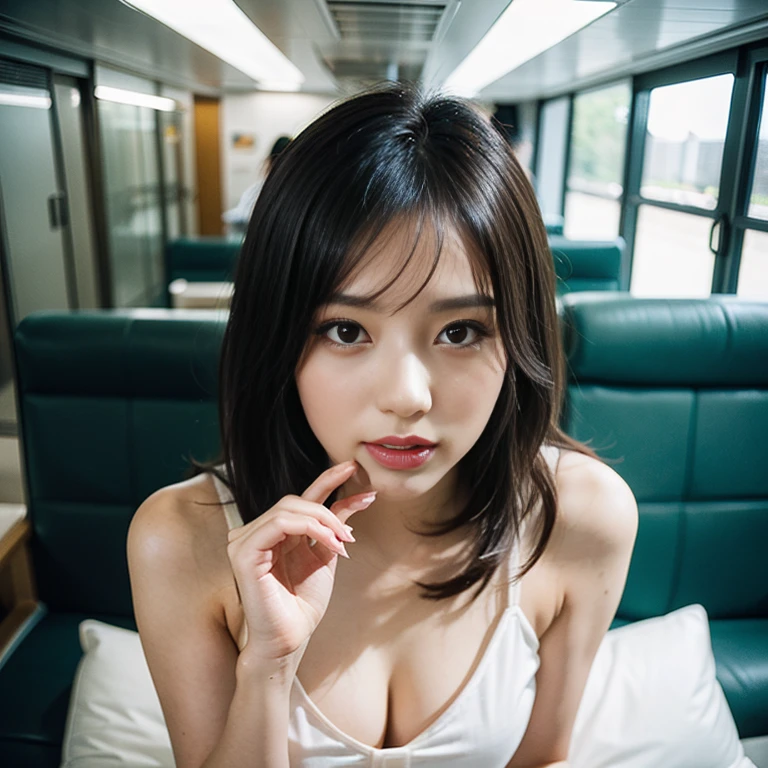 (highest quality、4k、High resolution、masterpiece: 1.uper detailed、Real: 1.37、Young beautiful woman (Fashionable clothing、Perfect Skin)、((Hold back excretion:1.6))、((Hold back excretion表情))、((Hold back excretion表情))、((Sweat))、(((limit of patience))))、(((limit of patience))))、(((limit of patience))))、(((limit of patience))))、Grit your teeth、Striking a nervous pose on the train,Bright lipstick、Detailed eyelashes 、Perfectly styled hair、Glowing Skin、Stylish accessories、An enviable sight、（Filled with natural light、Modern and sleek design、Elegant backgrounds）、Beige and black color palette、Subtle shimmer effect、 The soft lighting accentuates the feminine features.、Creates a glamorous and sophisticated atmosphere、