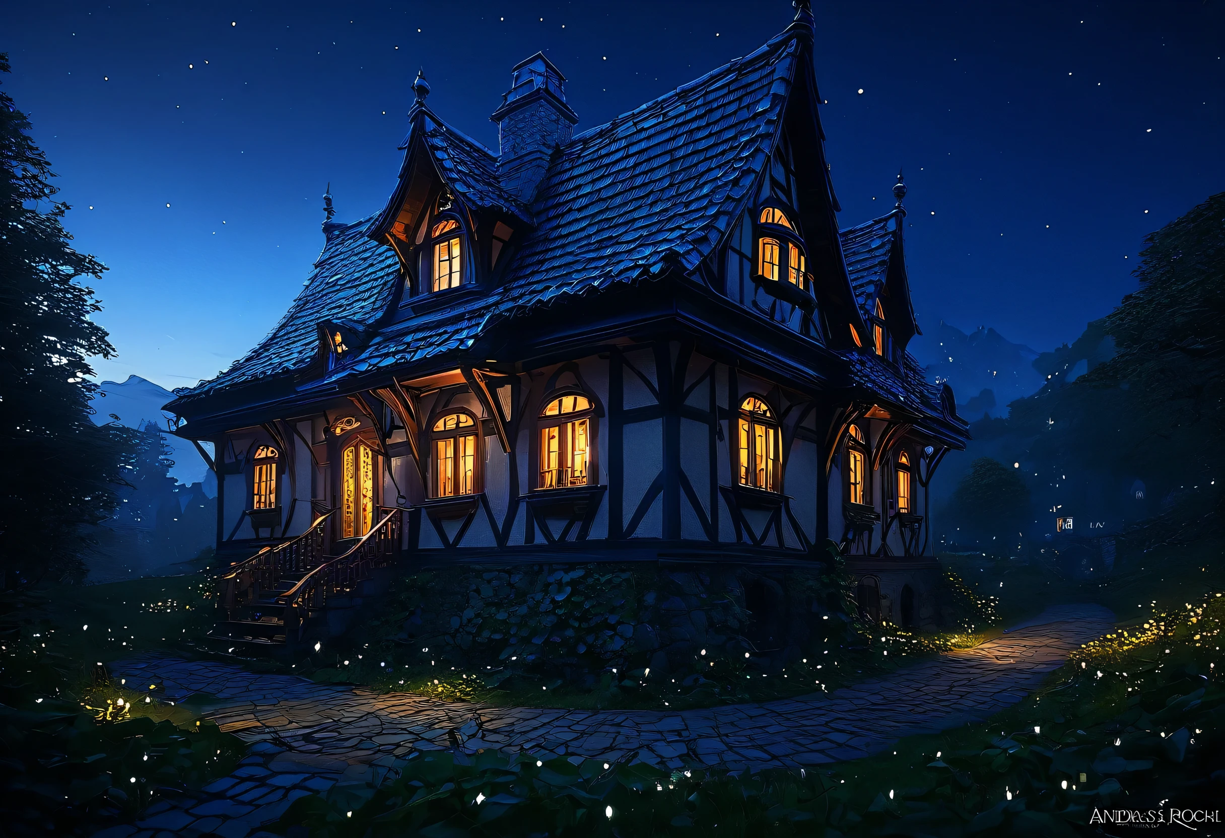 There is a house with many windows that are lit up at night., Beautiful depiction of a fairy tale, realistic Fantasy Rendering, fantasy house, A pleasant and enchanting scene, Inspired by Andreas Rocha, Andreas Rocha Style, ultra detailed fantasy, Fantasy Rendering, Fantasy Settings, dark Fantasy Settings, Magical Environment, Fantasy Highly detailed, Unreal Engine Fantasy Art, Painted by Andreas Rocha