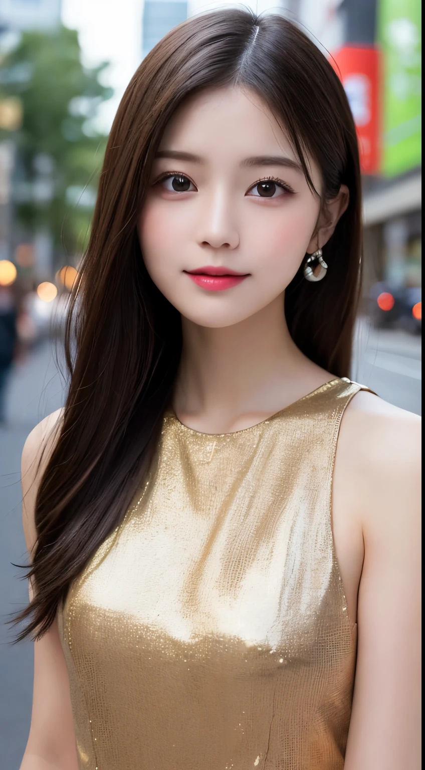 Tabletop, highest quality, shape, Very detailed, finely, High resolution, 8k wallpaper, 完璧なダイナミックな構shape, Beautiful and detailed, Straight hair, Small breasts, Natural color lip, Random sexy poses,smile,20-year-old girl、Midnight、Beautiful and dense face、Perfect and beautiful face,Big eyes、RAW Photos、Beautiful and detailed、Small face、Beautiful Duplex、Slim face and figure,Beautiful golden ratio face、Tight Dress、Please make a cute face、Harajuku、Blurred Background