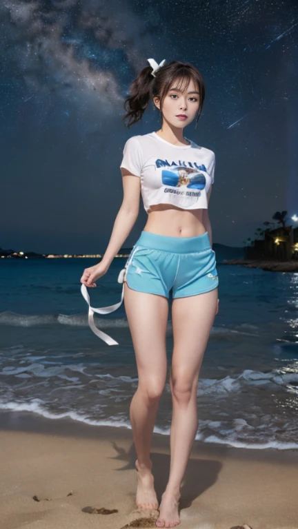 ((masterpiece)), (highest quality), 23 years old,Very detailed, finely, (High resolution), (8k), ((Perfect front viewcomposition)), (Natural color lip),(Side Ponytail:1.3),(((Standing facing forward on the beach at night, look at me))),((Printed T-shirt)),((Light blue fitness shorts)),((From the whole body to the toes:1.3)),((Perfect front view)),((The magnificent Milky Way floating in the night sky)),((Natural pose)),,((Big ribbon on thigh)),((Normal size buttocks)),((Ample breasts)),((Full and firm breasts)),(Small Pareo),