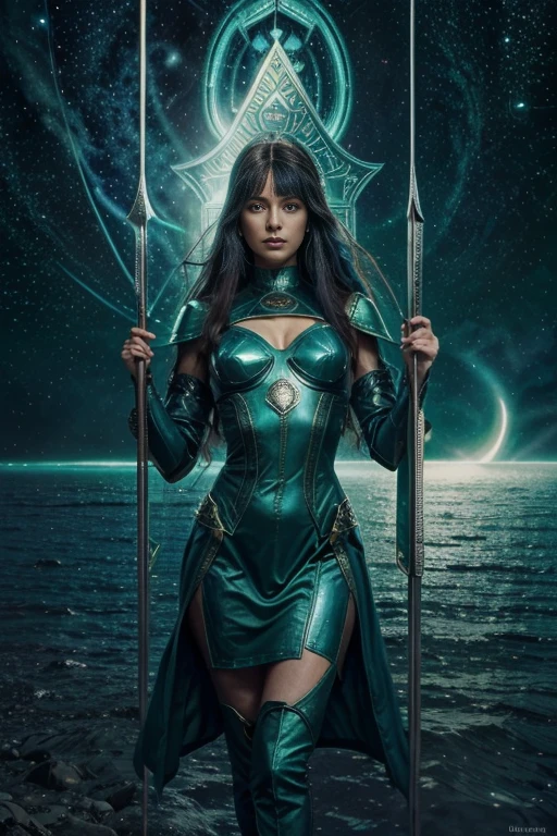 The Justice, dressed in emerald green,blue, deep blue green and pale green, faithful intelligence , The Daughter of the Lords of Truth,The
Ruler of the Balance , Libra, Caza art, digital art
