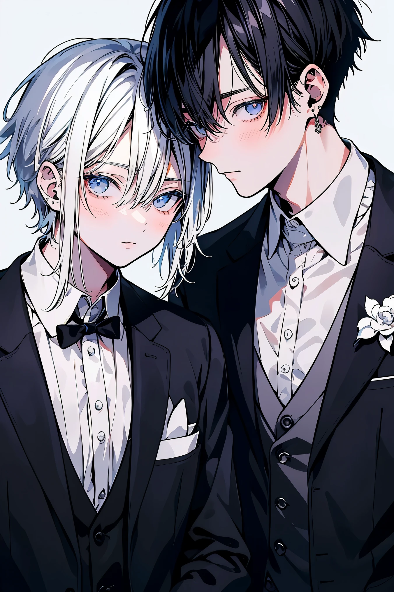 (Mastepiece), (Best Quality), Very detailed, ((Two friendly men)), Perfect Face, Beautiful Face, Very detailed顔,(Black Haired Man:1.3),(Man with white hair:1.3),suit,shirt