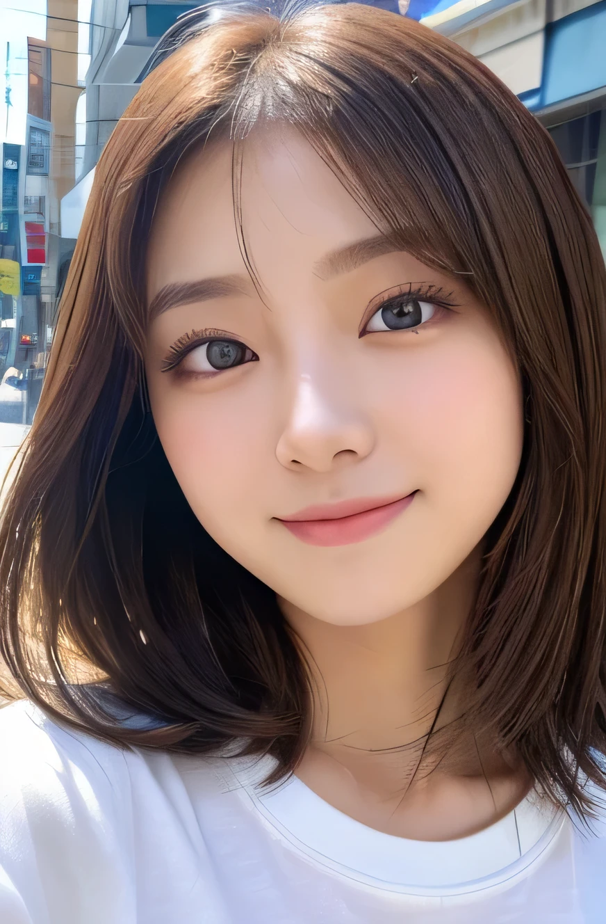 (top-quality,8K picture quality,masterpiece:1.3,),(super high resolution:1.3,Photorealsitic:1.4,Raw photography:1.2),(ultra-detailliert:1.2,shinny skin,Detailed skin),(Detailed face,Perfect Anatomy,Caustics),1girl,kawaii,japanese,22year old,Japanese ido,Natural brown hair,shoulder length hair,Pretty eyes, round big eyes, drooping eyes, natural make up,Oversized T-shirt,a smile,Looking at the camera,up on the face,Face Focus,street corner,Professional lighting,natural soft light,