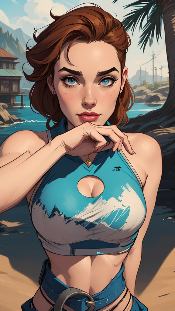 (masterpiece, best quality), young woman, perfect slim fit body, (huge breasts), big gorgeous eyes, soft smile, parted lips, detailed printed micro bikini top, fleece jacket, short shorts, pastel colors, detailed choker, wavy hair, santorini beach, late evening, excellent lighting, bright colors, clean lines, photorealistic