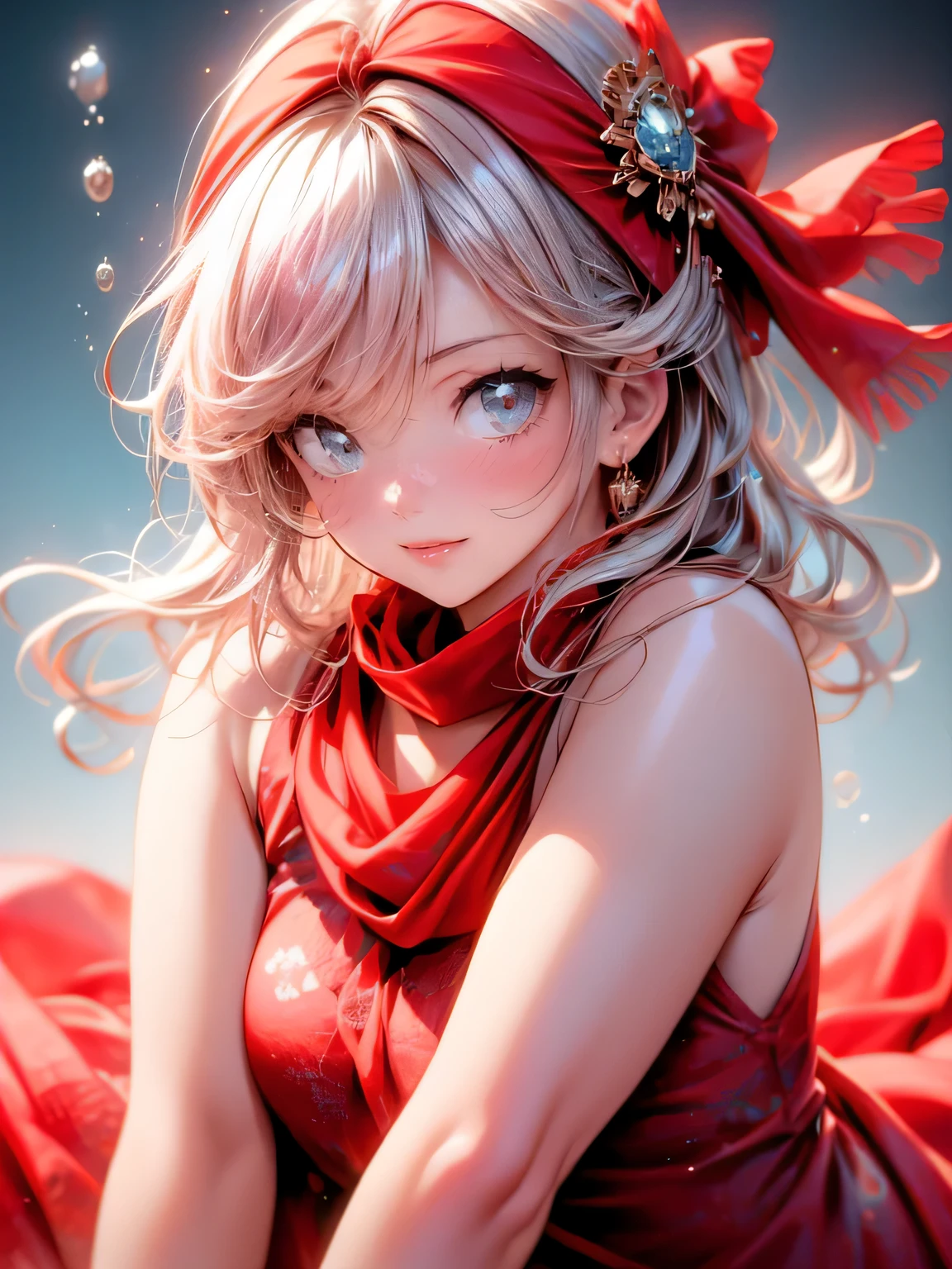 masterpiece: 1.2, highres,32k, photorealistic: 1.37, ultra-detailed: 1.2, cute girl in the sea, riding on dolphin, spreading legs, (cute red scarf on the neck: 1.4), smile Smells, Beautiful Delicate (Hair, Face, Scarf, Skin, Legs, Underwater): 1.4, Blushed Cheek, Half-Closed Mouth, Bright Rosy Lips, Sparkling Eyes, Delicate Pupils, Flowing Hair, Vibrant Color illustration