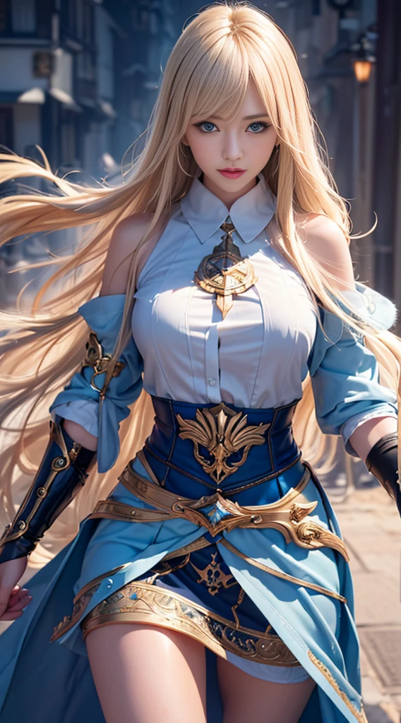 ((highest quality, 8k, masterpiece: 1.3)),Real 8K、7-Head Body Slender Beauty、笑顔黄金の鎧をまとった威厳あるPaladin, （Wield a sword filled with light, And a huge gold shield）. Paladin;Her blue eyes sparkle with determination as she walks down a dark, mysterious street... The glow of the Paladin&#39;The sword lit up the surroundings.., Uncover intricate details，Add a cinematic touch to your work. The overall aesthetics are、It captures the beauty and depth of the scene., Reminiscent of Fujifilm photography.　7-Head Body Slender Beauty、（A gentle smile）