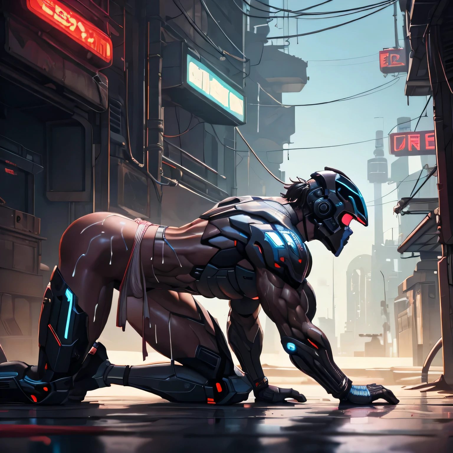 male, (human body, muscular, full nude, only Glowing cyberpunk future helmet, only skinny Transparent fundoshi, covered semen,) realistic, On all fours, Side angle