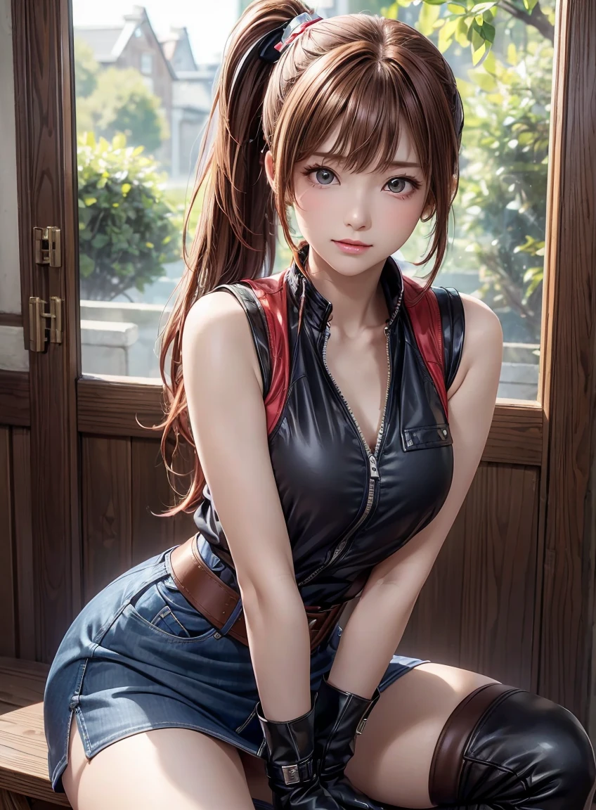 (highest quality:1.3), High resolution, Very detailed, Very detailedな CG Unity 8k 壁紙, Realistic, photo-Realistic, RAW Photos, Beautiful Face, White skin, Real Skin, High quality fabric, Detailed hair texture, Perfect body, Beautiful Features, Accurate fingering, Anatomically correct, Very detailedな顔と肌の質感、One Girl, cute, Redhead, ((Side Ponytail, Brown eyes: 1. 2)), ((Slanted Eyes:1.3))、Thick bangs, Sleeveless jacket、Open jacket、Denim pencil skirt、Belt at waist、Knee-high boots、Leather gloves、Sit on a chair、