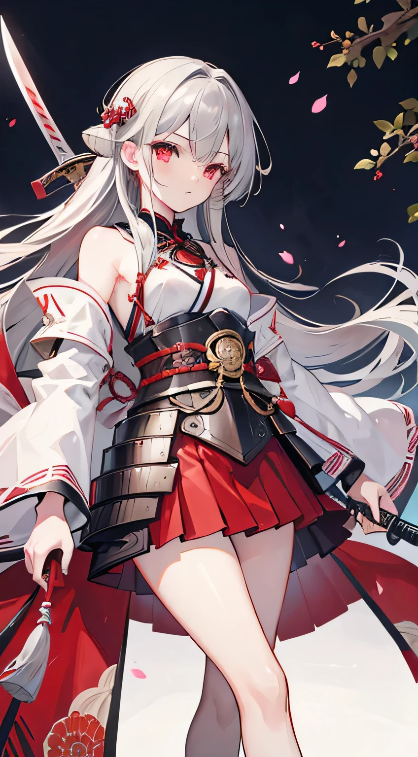 high quality, masterpiece, Very detailed,Long Hair, beautiful girl,Gray Hair,Red eyes,Japanese Armor,chest,Short skirt,Shoulder Bare,One sword