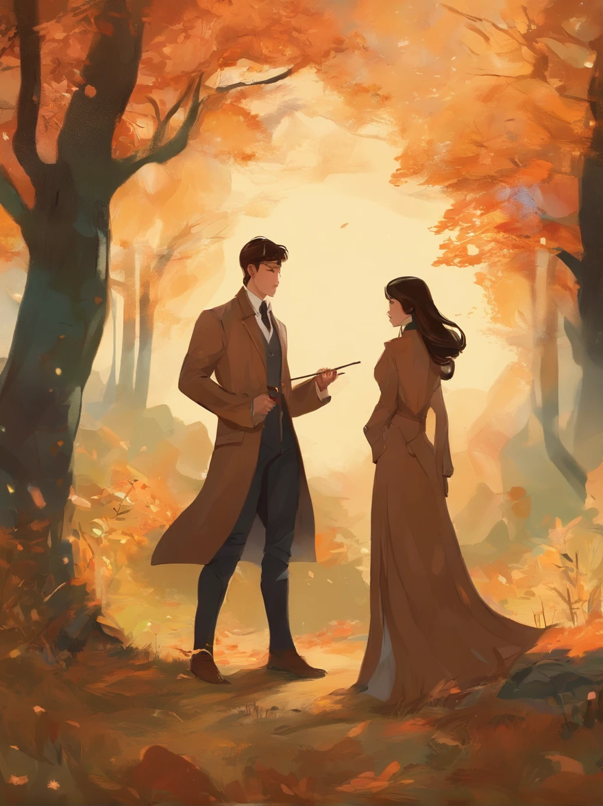 man and woman in a brown jacket and tie standing in a field, wearing a worn out brown suit, trench coat and suit, in front of a forest background, well - dressed, handsome chad chin, profile picture, well dressed, joongwon charles jeong, forrest in the background, inspired by Tadashi Nakayama, forrest in background